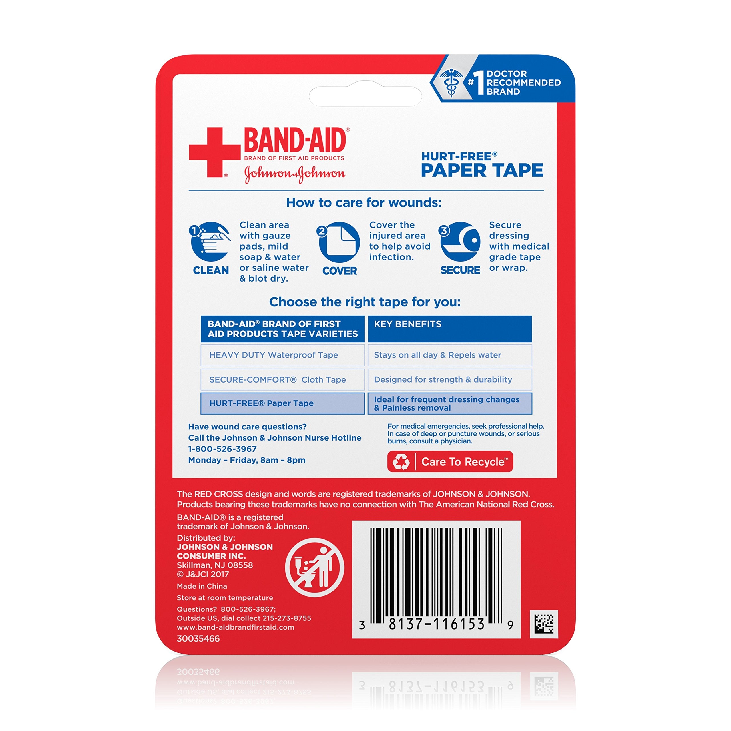 Band-Aid Brand First Aid Hurt-Free Medical Adhesive Paper Tape for Wound Dressings, 1 in by 10 yd