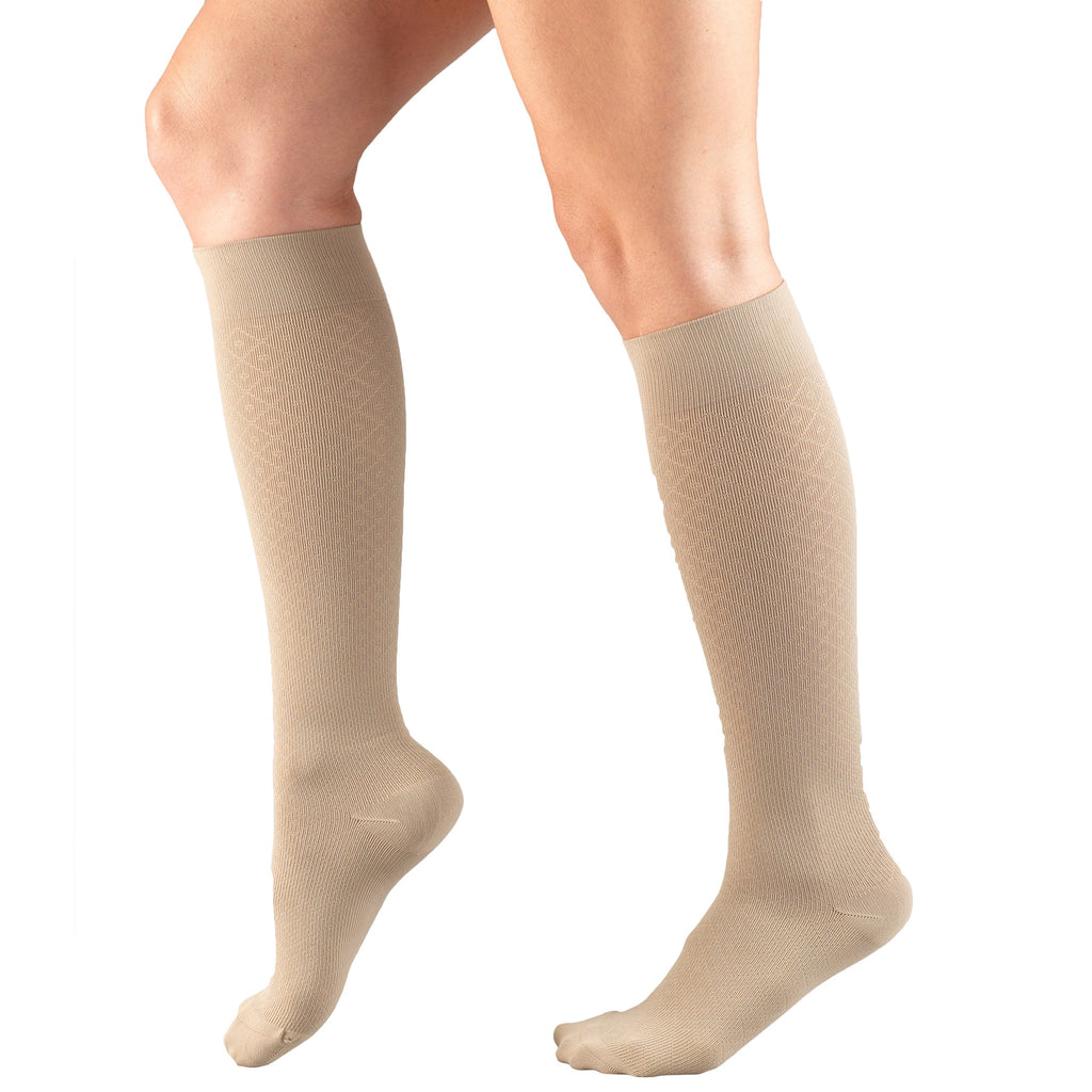 Truform Compression Socks, 15-20 mmHg, Women's Dress Socks, Knee High Over Calf Length, Tan Diamond Knit, Small
