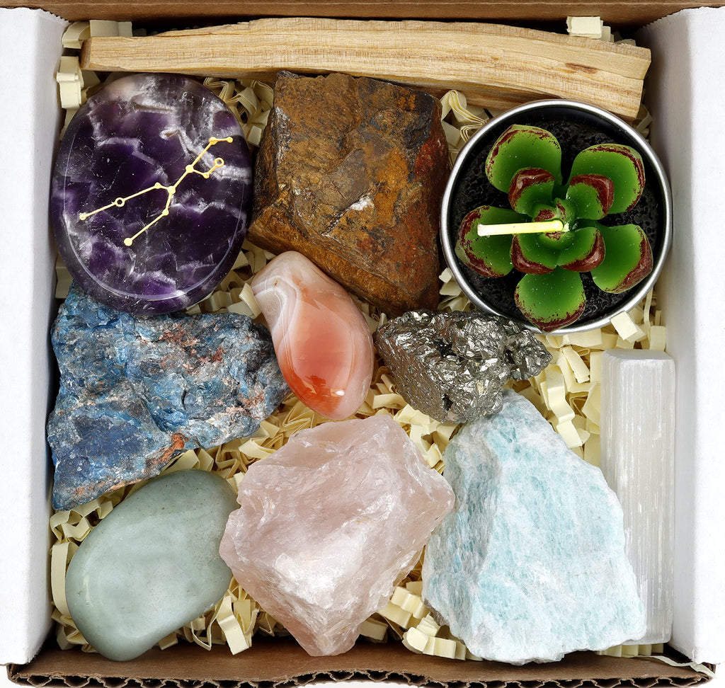 DANCING BEAR Taurus Zodiac Healing Crystals Gift Set (14 Pc): 9 Stones, 18K Gold-Plated Constellation Necklace, Meteorite, Succu