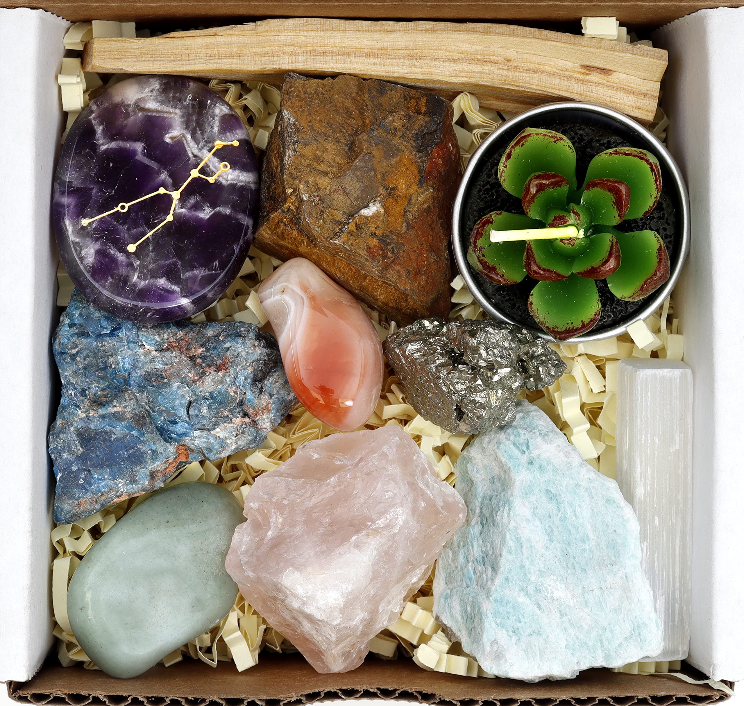 DANCING BEAR Taurus Zodiac Healing Crystals Gift Set (14 Pc): 9 Stones, 18K Gold-Plated Constellation Necklace, Meteorite, Succu