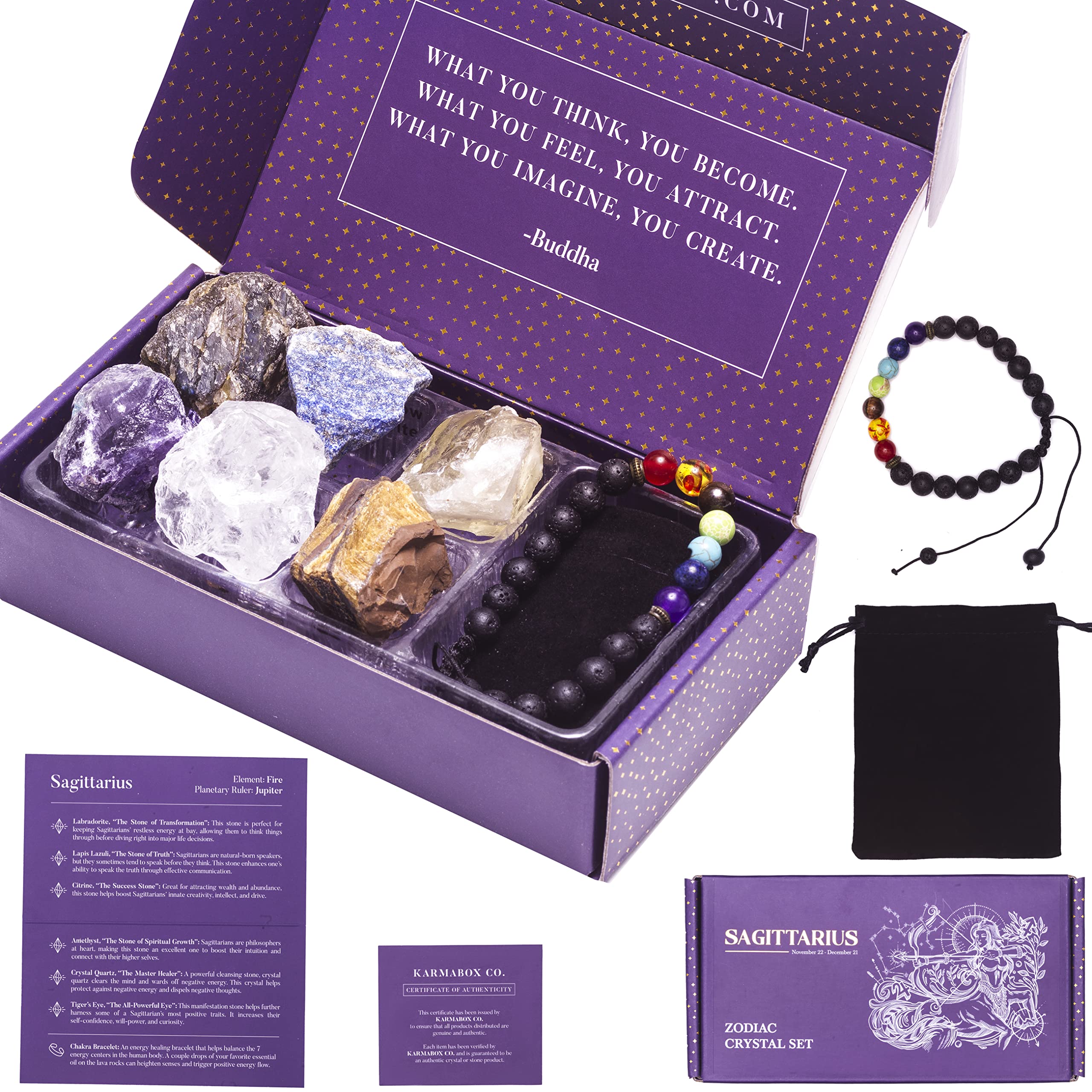 KARMABOX Sagittarius Gifts for Women - Sagittarius Crystal Healing Stone Gift Set - Zodiac Birthday Gifts - Astrology Gifts for 