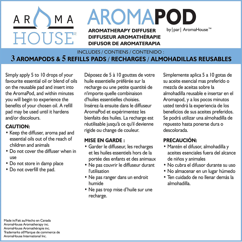 Aromahouse Aromapod Natural Airflow Personal Essential Oil Diffuser with 5 Unscented Refill Pads for Bedroom, Bathroom, Kitchen,