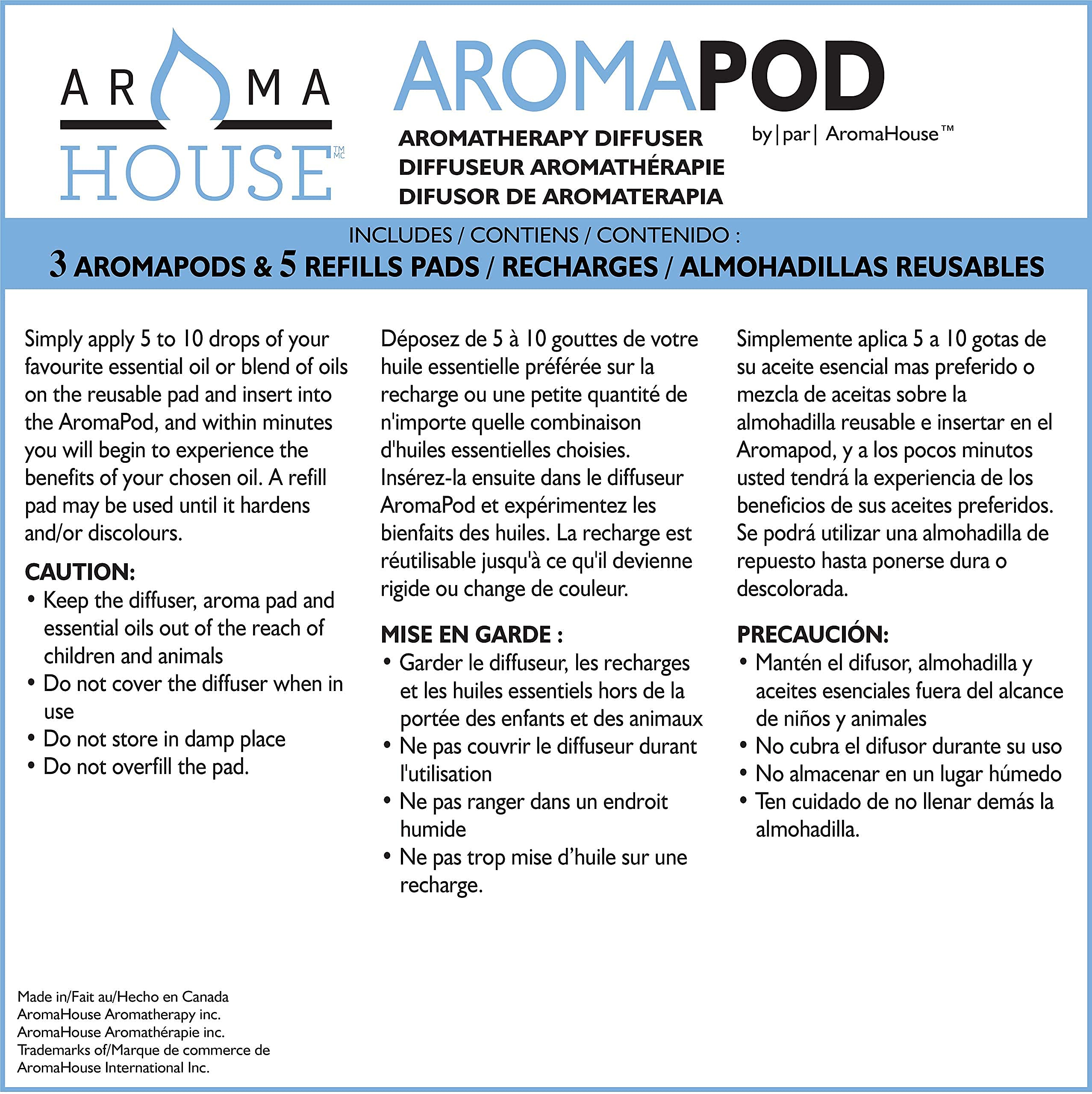 Aromahouse Aromapod Natural Airflow Personal Essential Oil Diffuser with 5 Unscented Refill Pads for Bedroom, Bathroom, Kitchen,