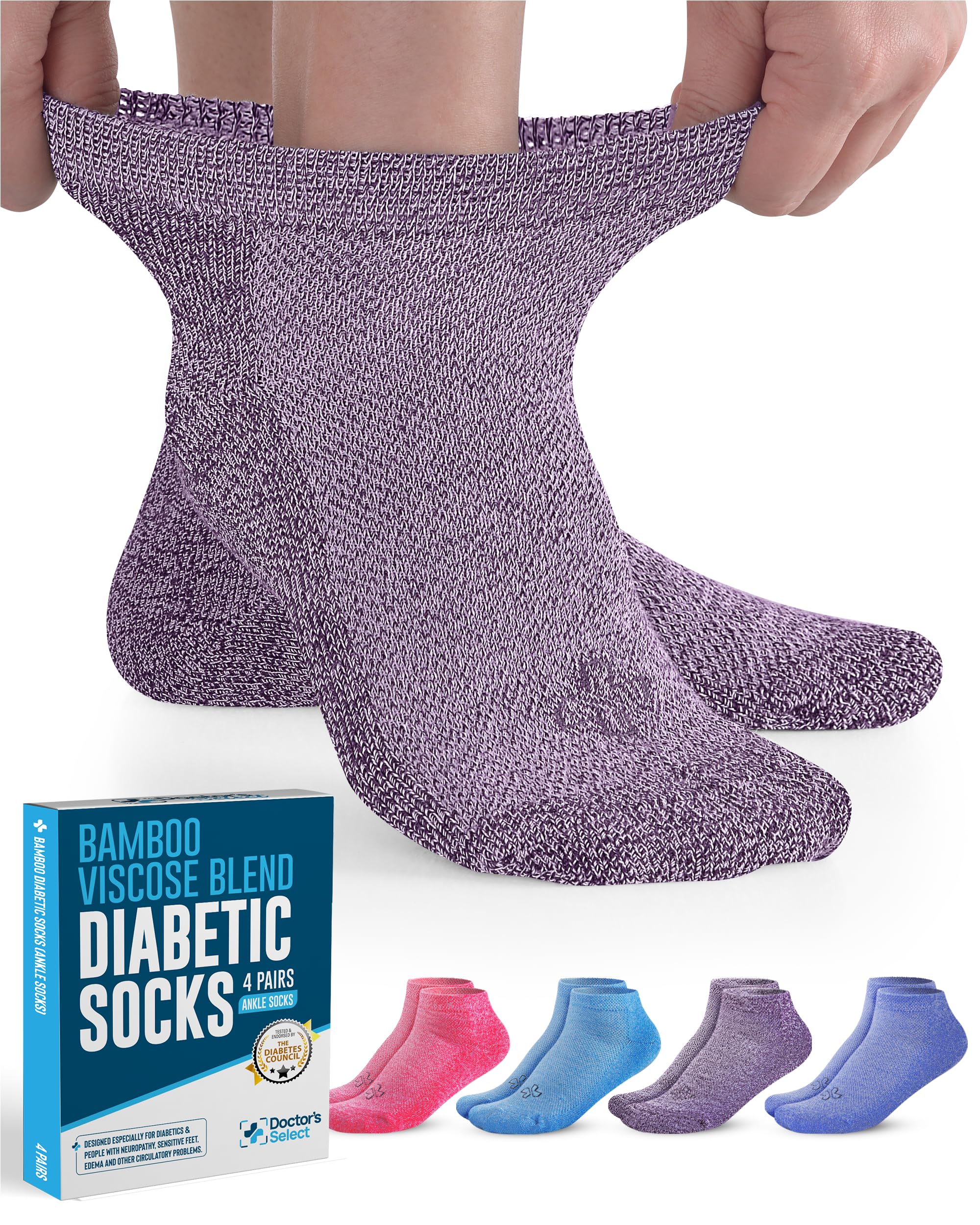 Doctor's Select Ankle Bamboo Viscose Diabetic Socks for Women & Men - 4 Pairs | Extra Wide Calf Womens Diabetic Socks 9-11 | Neu