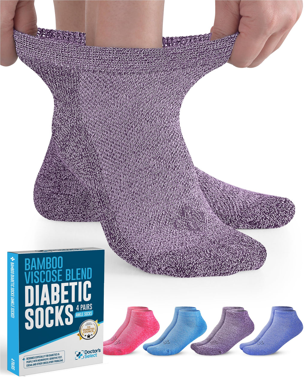 Doctor's Select Ankle Bamboo Viscose Diabetic Socks for Women & Men - 4 Pairs | Light Blue, Blue, Purple, Pink | Extra Wide Calf