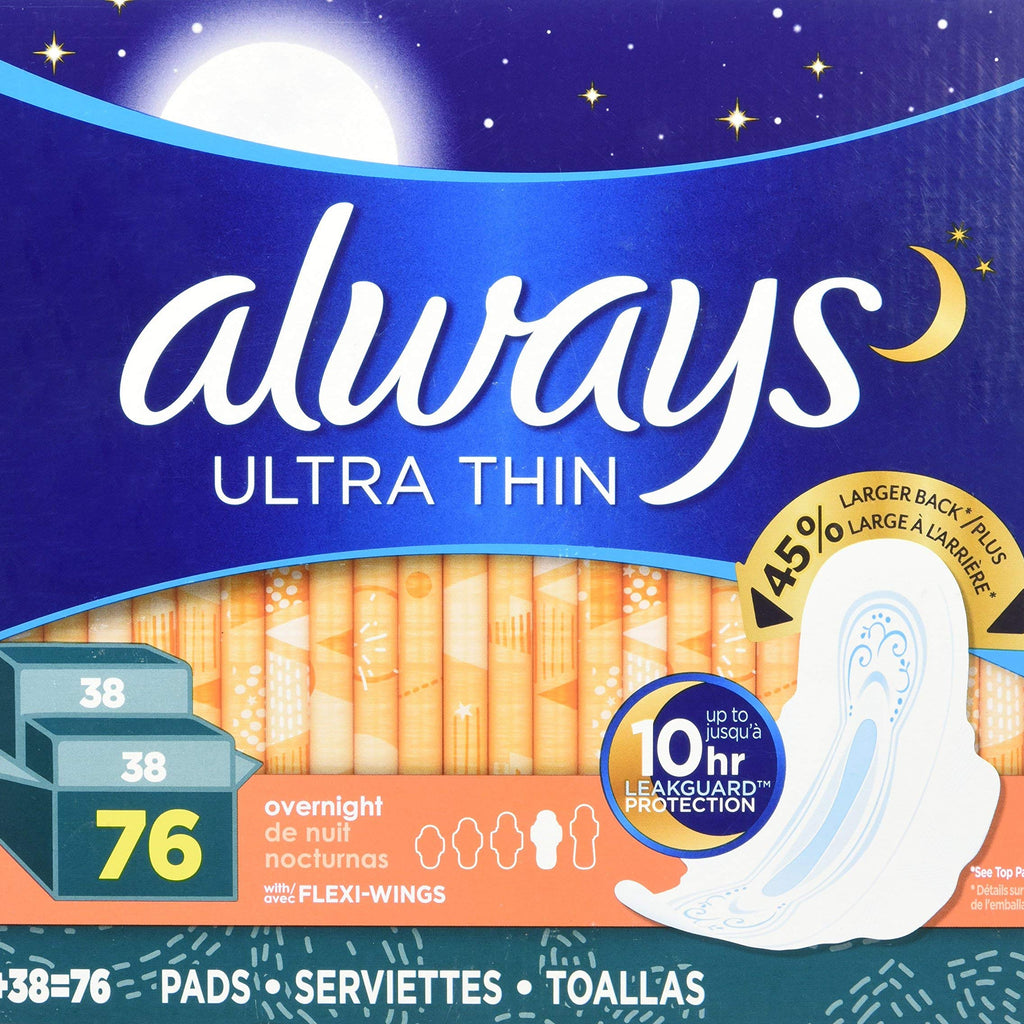 Always Ultra Thin Overnight Pads with Wings, Unscented, 76 Count