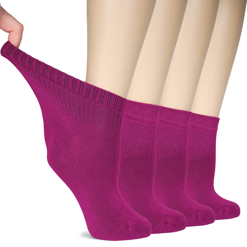 Hugh Ugoli Women Diabetic Ankle Socks, Super Soft & Thin Bamboo Socks, Wide & Loose, Non-Binding Top & Seamless Toe, 4 Pairs, Fu