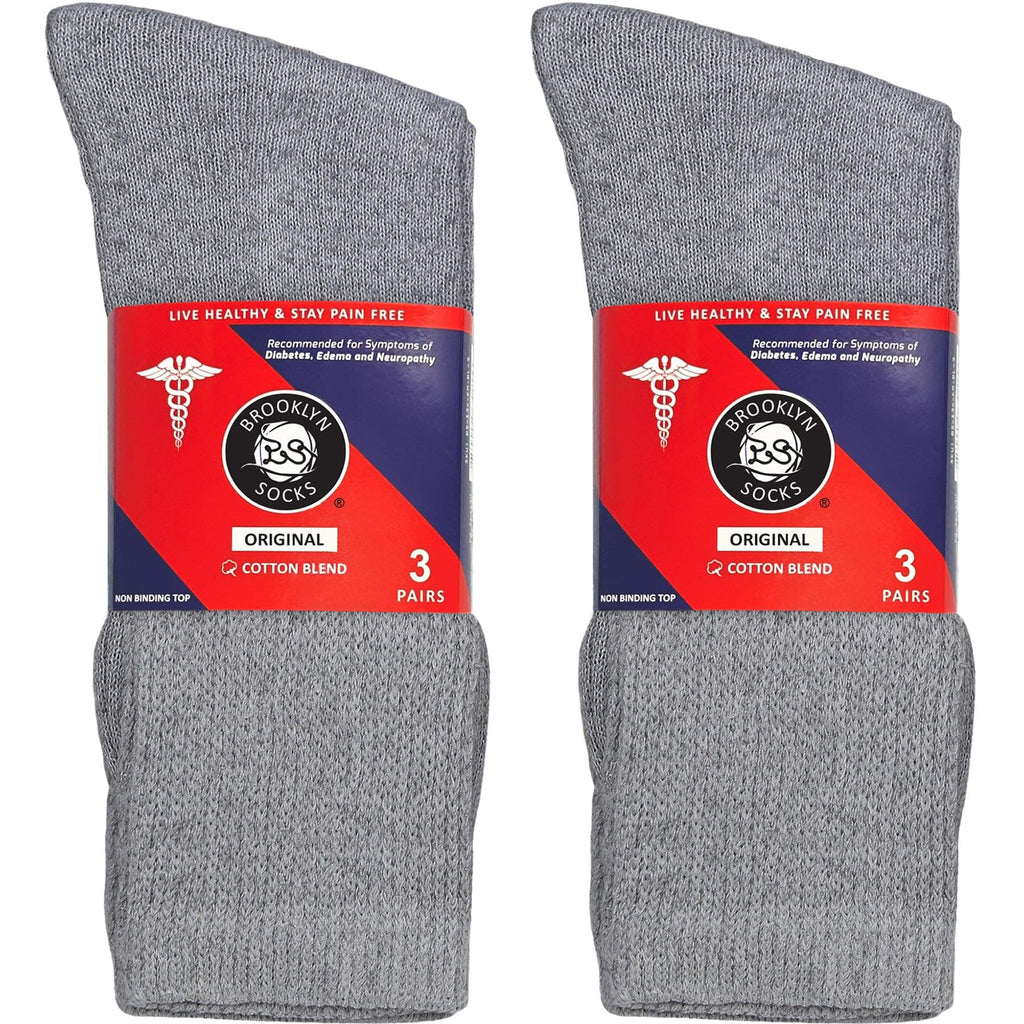 6 Pairs of Cotton Diabetic Non-Binding Neuropathy Crew Socks (Gray, Fits Mens Shoe Size 9-12/Womens Shoe Size 10-13)