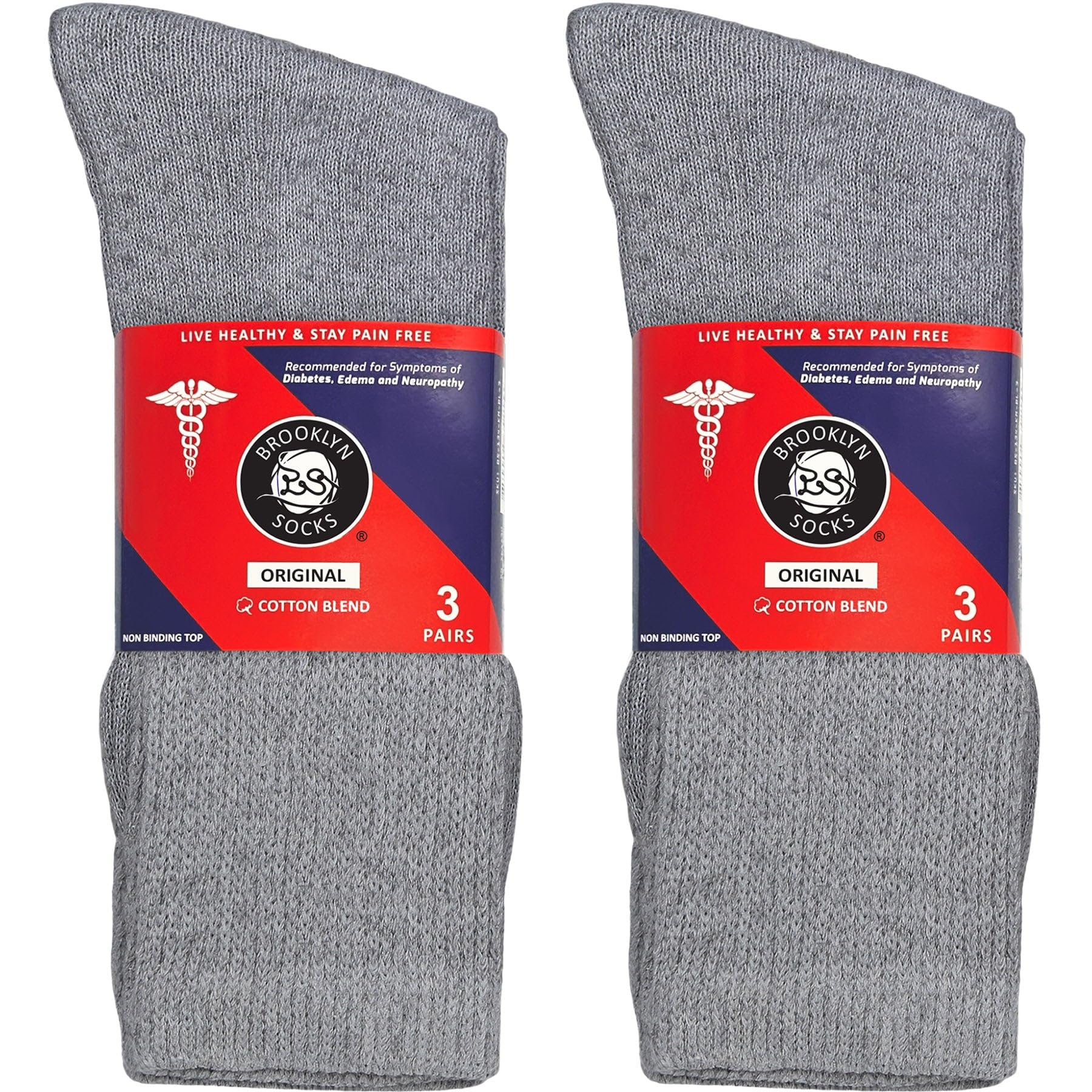 6 Pairs of Cotton Diabetic Non-Binding Neuropathy Crew Socks (Gray, Fits Mens Shoe Size 9-12/Womens Shoe Size 10-13)