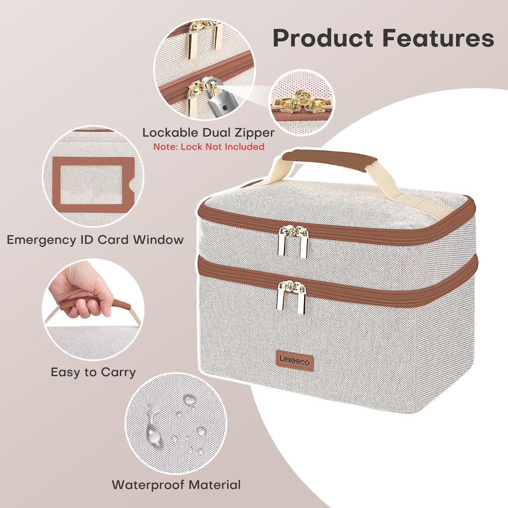 Lexeeco Medicine Bag for Traveling, Dual Layers Medicine Pill Organizer Medication Pill Bottle Storage with Lockable Zipper, Med