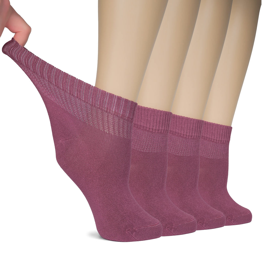 Hugh Ugoli Women Diabetic Ankle Socks, Super Soft & Thin Bamboo Socks, Wide & Loose, Non-Binding Top & Seamless Toe, 4 Pairs, Ro