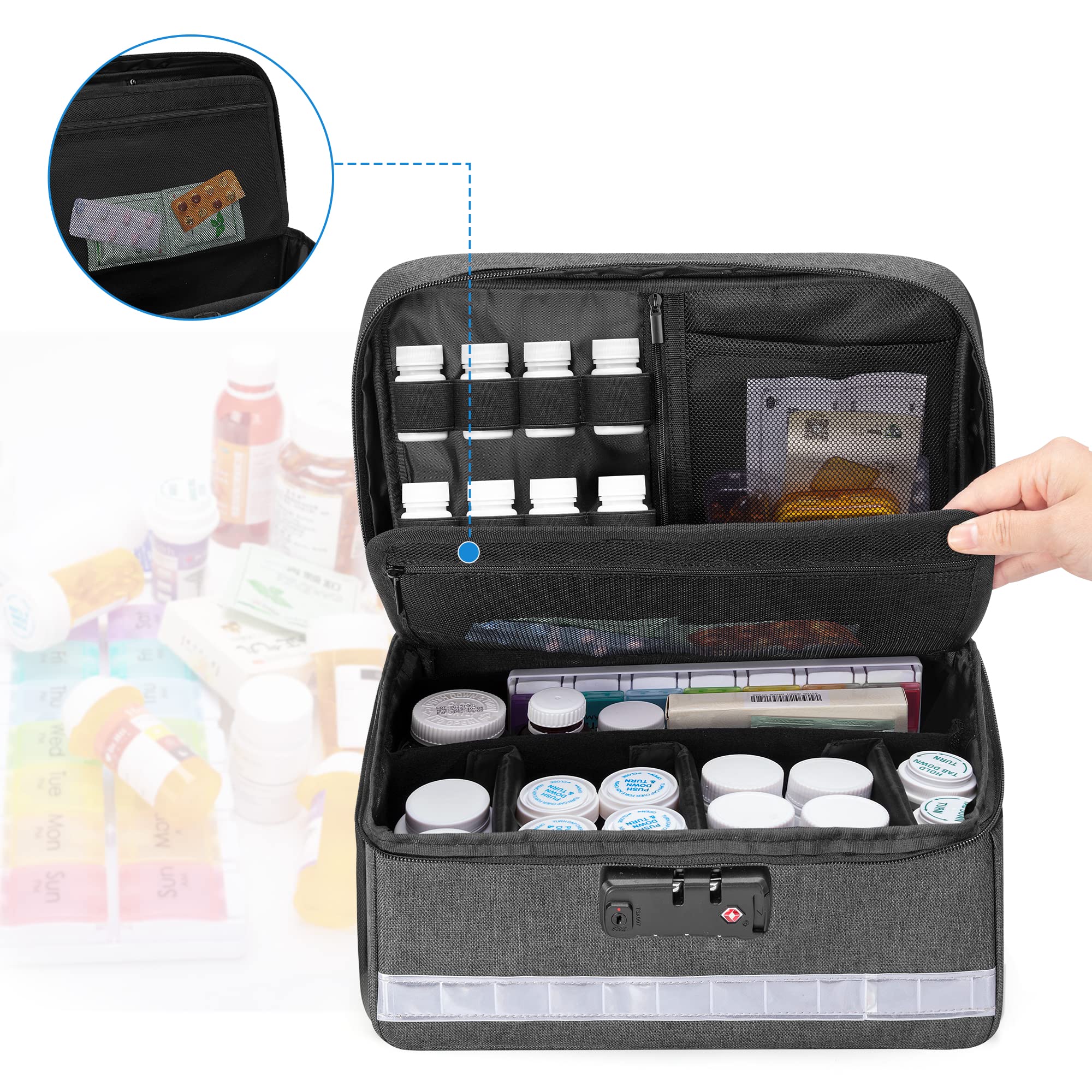 Damero Locking Pill Bottle Organizer with Inner Dividers, Medicine Storage and Organizer Bag Combination Lock for Medicine, Vita