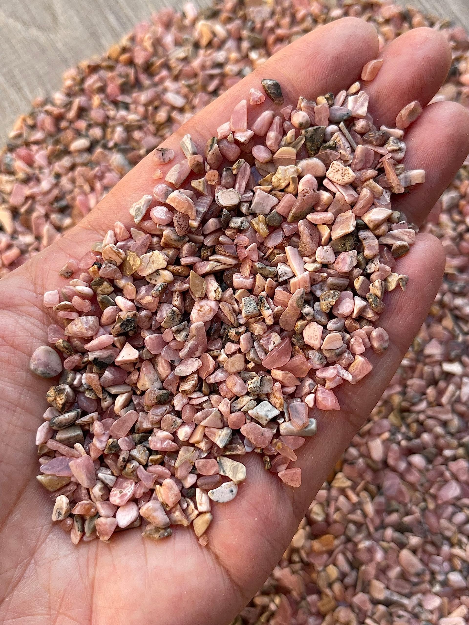 GAF TREASURES 2 oz Lot Natural Semi Tumbled Gemstone Chips, Crushed Mini Crystals, Undrilled Crystal Chips (Rhodochrosite)