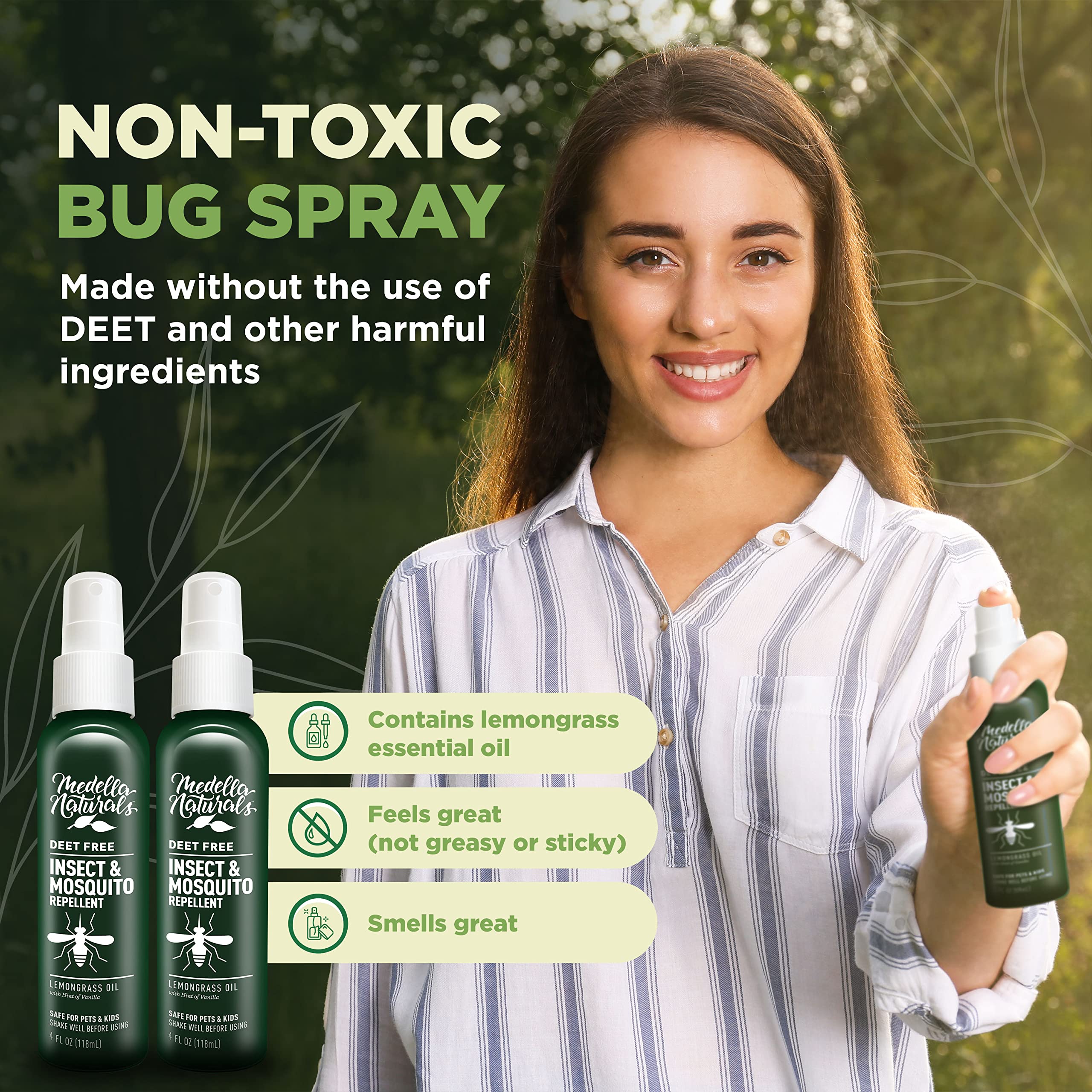 Deet-Free Insect & Mosquito Repellent Pack of 2 (4 oz) - Nice Smelling Insect Repellent with Lemongrass Oil Safe for Pets and Ki