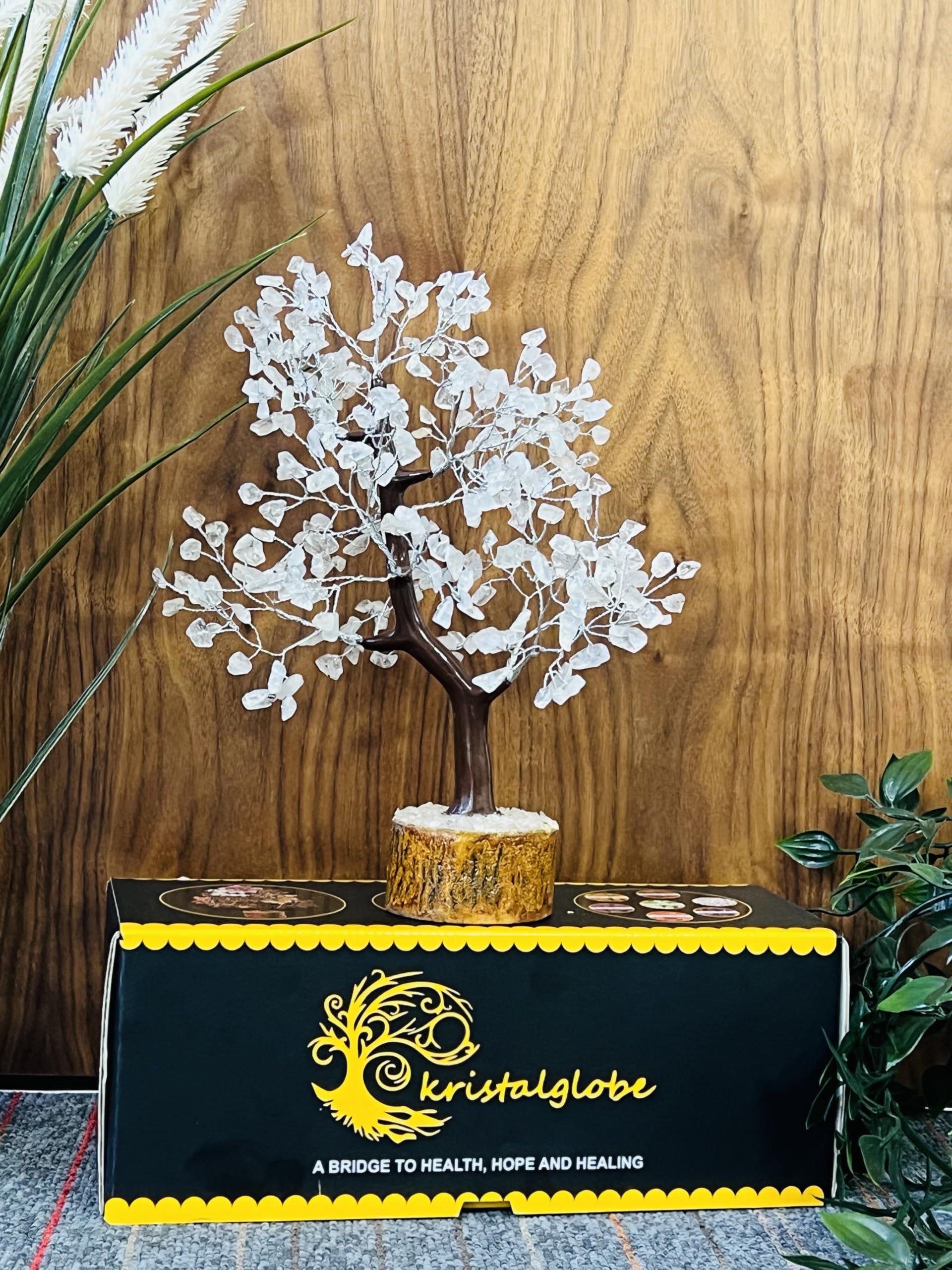 KRISTALGLOBE Clear Quartz Crystal Tree of Life with 300 Beads - Handmade Gemstone Bonsai Tree for Clarity & Energy Amplification