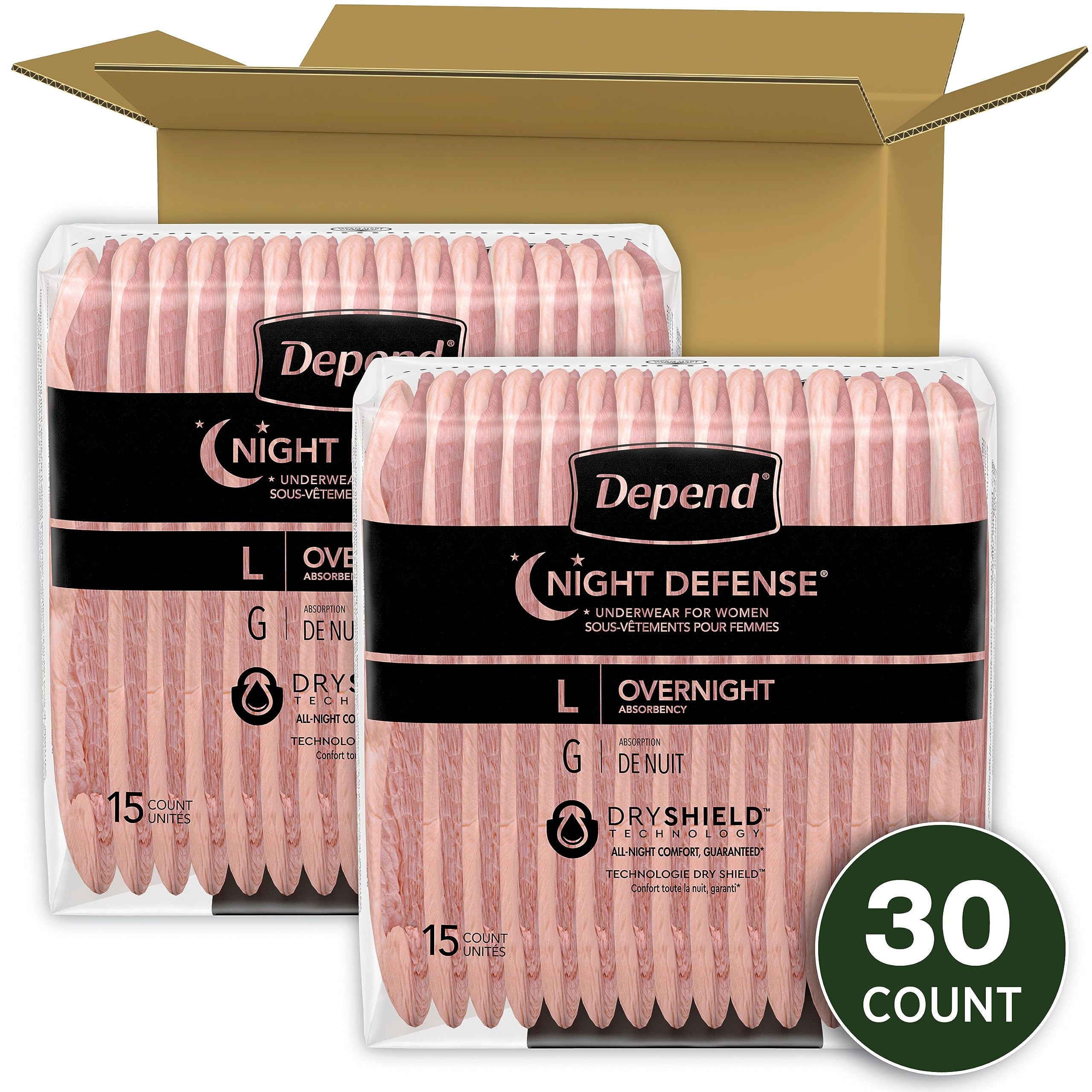 Depend Night Defense Incontinence Underwear for Women, Disposable, Overnight, Large, Blush, 30 Count (Packaging May Vary)