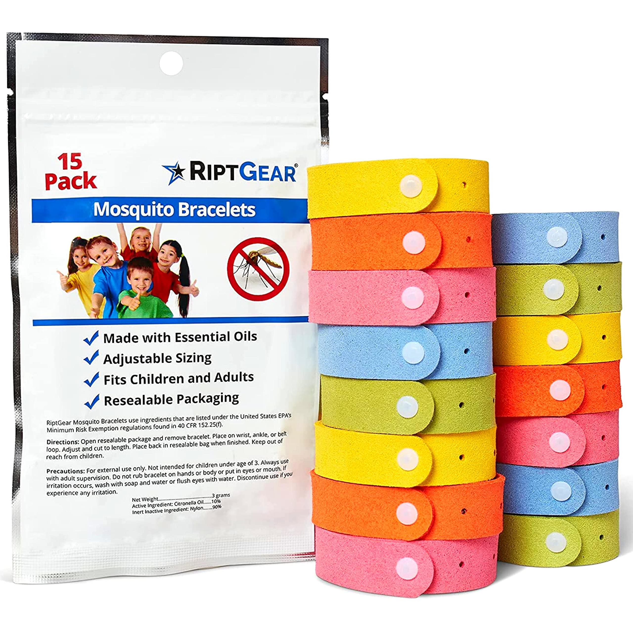 RiptGear Mosquito Bracelets - 15 Pack of Mosquito Bracelets for Kids and Adults, Insect Bracelet, Citronella Wristband - DEET Fr