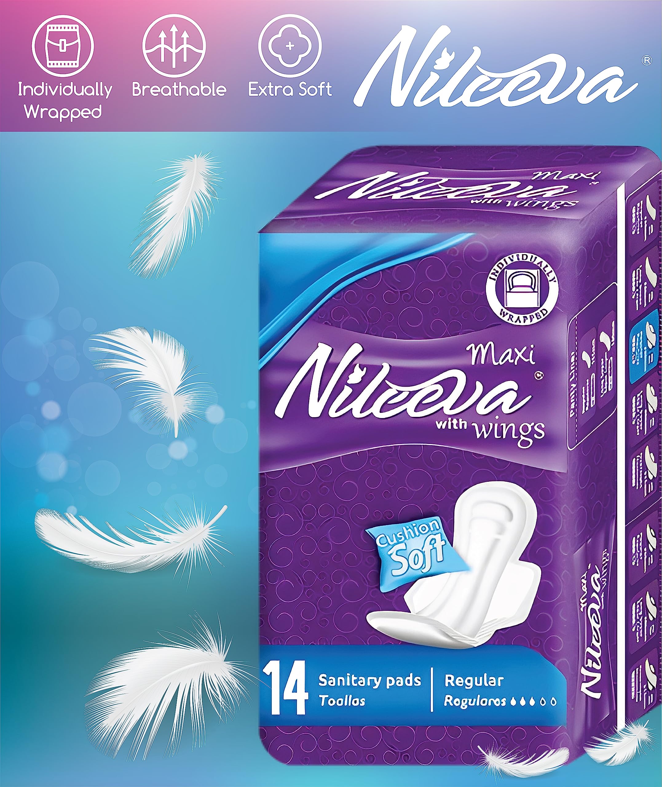 Nileeva Care Maxi Sanitary Napkins with Wings - Ultra Soft, Super Absorbency & Individually Wrapped Super Value Bulk Pack (14 Pa