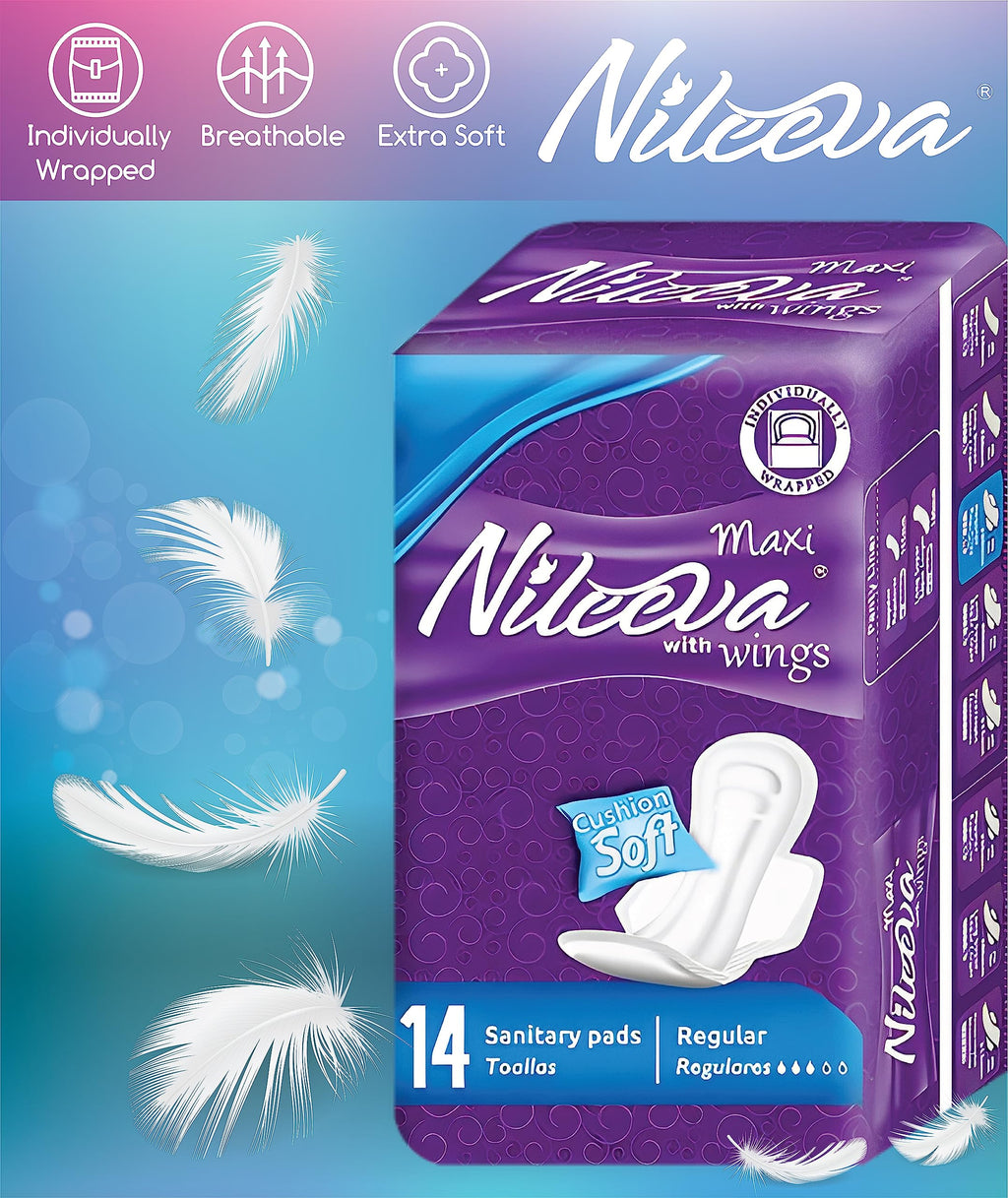 Nileeva Care Maxi Sanitary Napkins with Wings - Ultra Soft, Super Absorbency & Individually Wrapped Super Value Bulk Pack (14 Pa