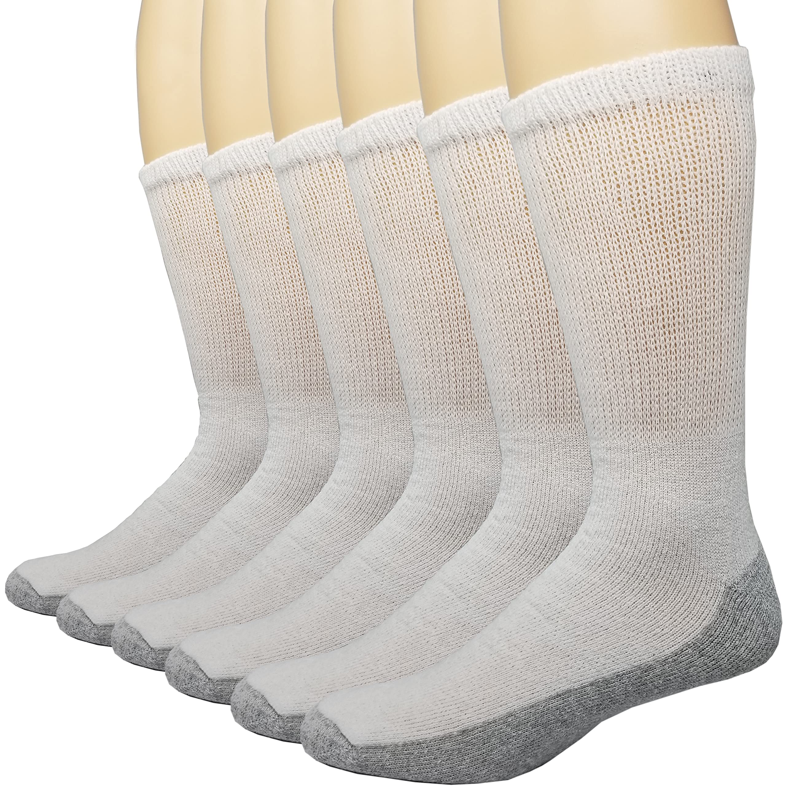 Debra Weitzner 6 Pairs Diabetic Crew Socks Reinforced Heel and Toe Non-Binding Cushion Socks for Men and Women White/Grey Sole 1