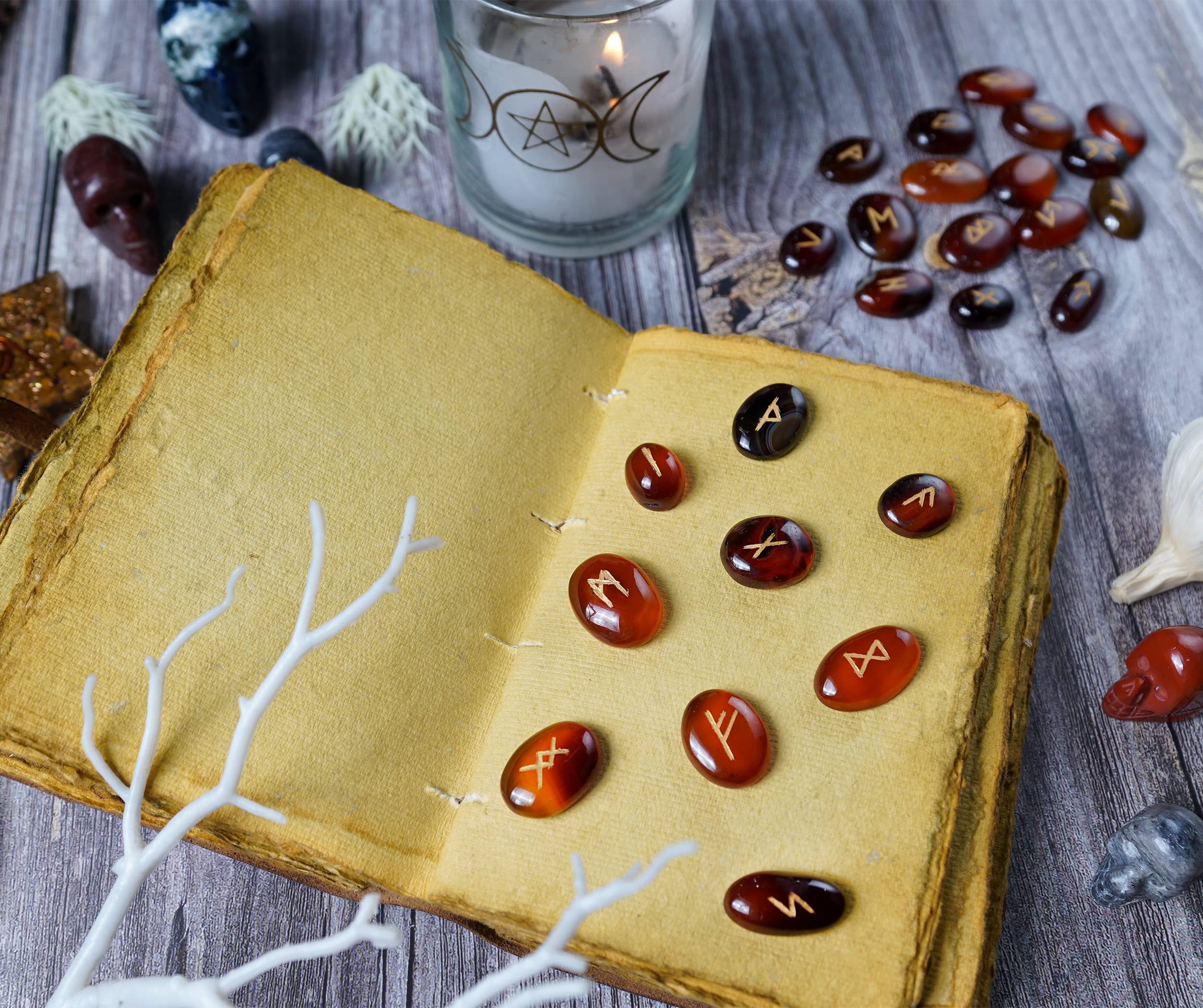Crocon Brown Onyx Stone Handmade Rune Stones with Elder Futhark Alphabet Engraved 25 pcs Runes Stones Crystal Set for Beginners