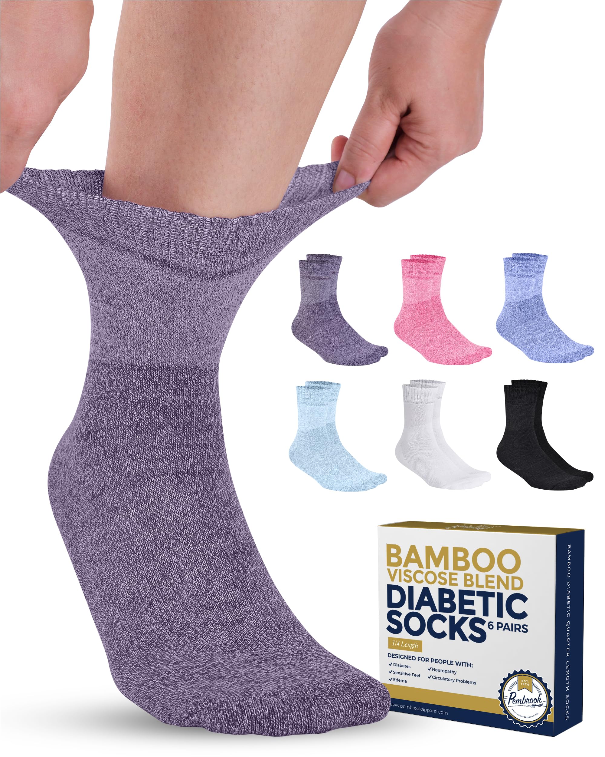 Pembrook Bamboo Viscose Diabetic Socks for Women & Men - 6 Pairs Ankle Socks for Swollen Feet | Neuropathy Socks | Edema Neuropa
