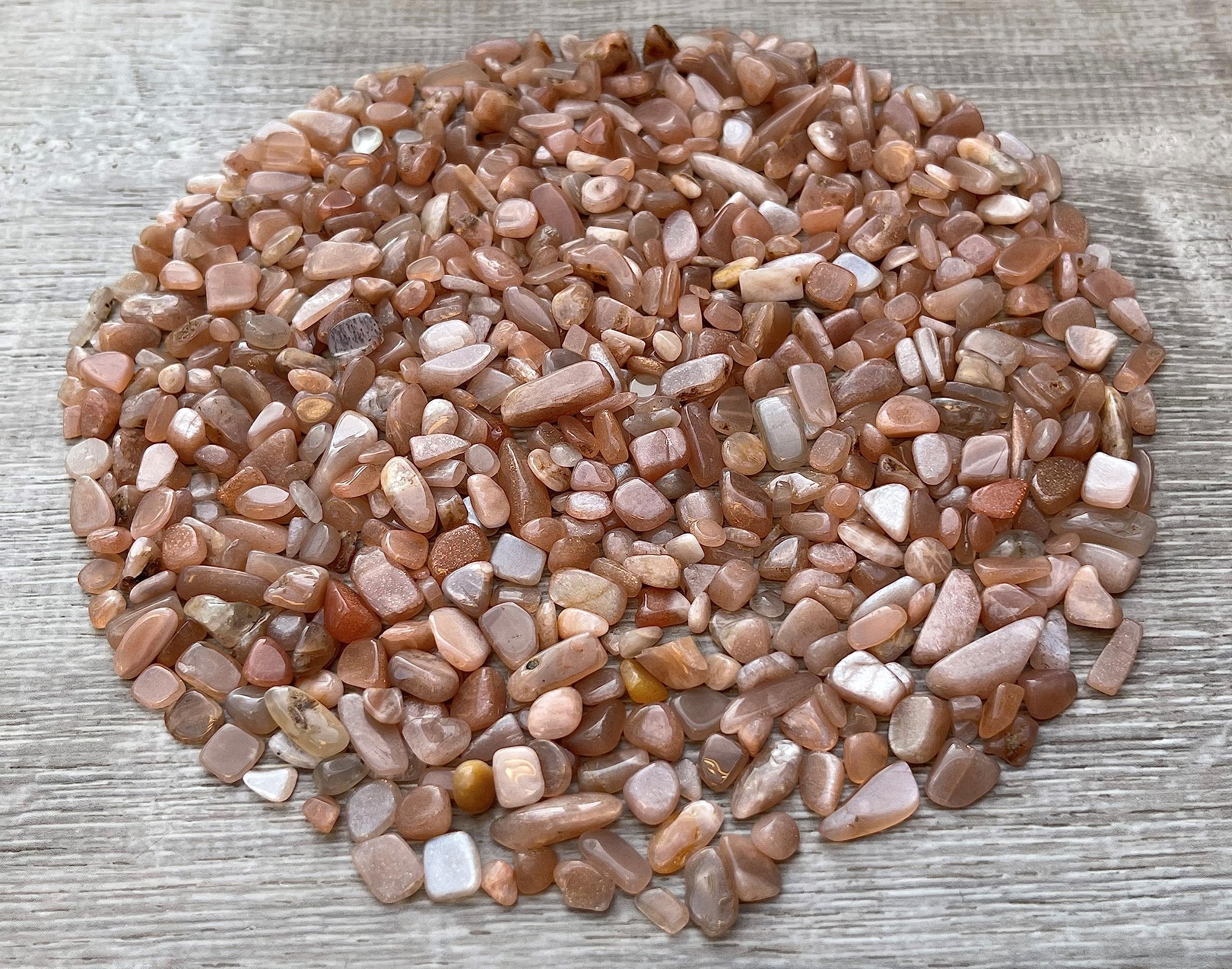 GAF TREASURES 2 oz Lot Natural Semi Tumbled Gemstone Chips, Crushed Mini Crystals, Undrilled Crystal Chips (Peach Moonstone)
