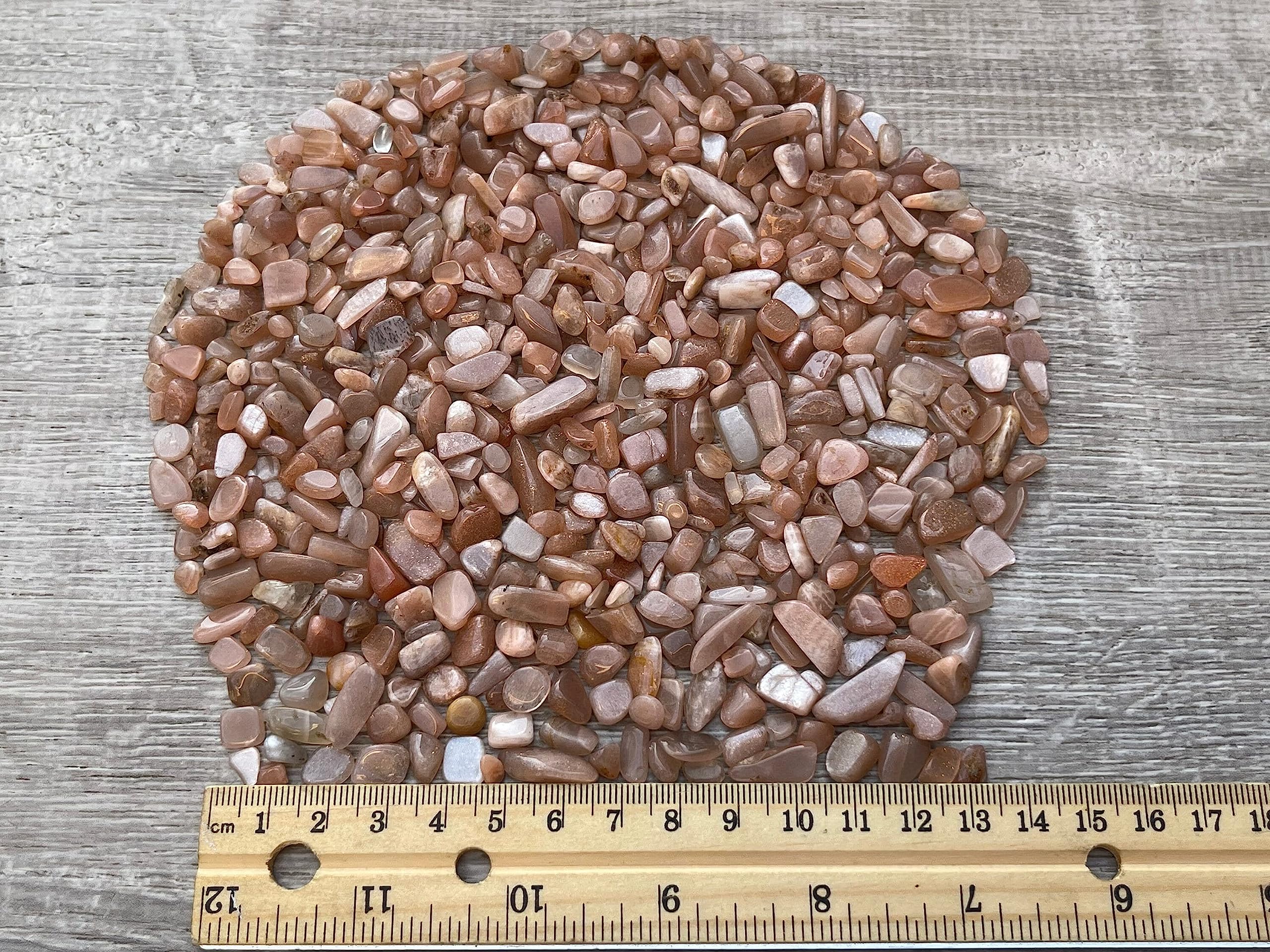 GAF TREASURES 2 oz Lot Natural Semi Tumbled Gemstone Chips, Crushed Mini Crystals, Undrilled Crystal Chips (Peach Moonstone)