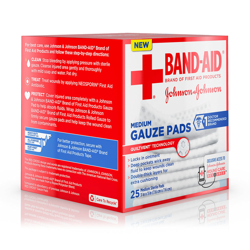 Band-Aid Brand Cushion Care Non-Stick Gauze Pads, Individually-Wrapped, Medium, 3 in x 3 in, 25 Count (Pack of 1)