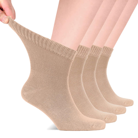 Hugh Ugoli Diabetic Socks for Men, Loose Ankle Socks Bamboo, Extra-Wide, Thin, Seamless Toe and Non-Binding Top, 4 Pairs, Beige,