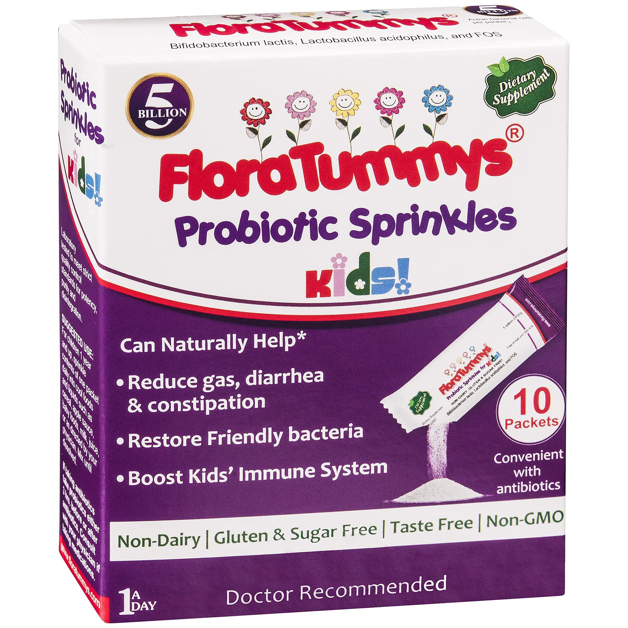 FloraTummys Probiotic Sprinkles Kids 10ct: Taste-Free, Easy-to-Use Probiotic Powder Packets, Non-Dairy, Gluten & Sugar-Free. Non