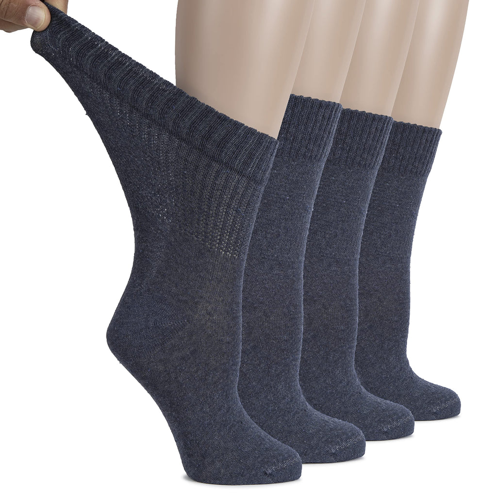 Hugh Ugoli Women's Cotton Diabetic Crew Socks, Wide, Thin, Loose Fit and Stretchy, Seamless Toe & Non-Binding Top, 4 Pairs, Indi