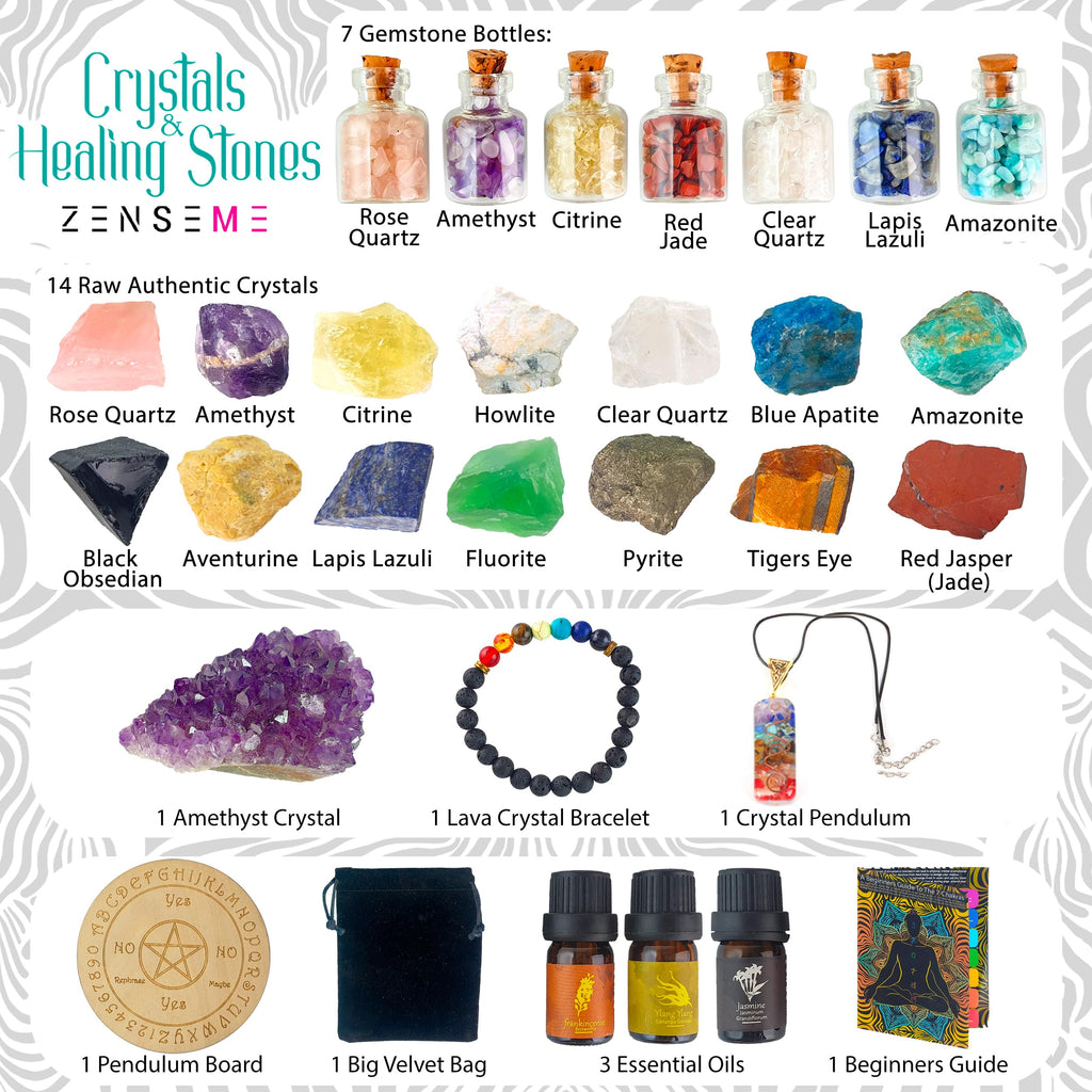 Crystals and Healing Stones Set 31Pcs - Healing Crystals & Stones - 14 Real Raw Chakra Rocks, 7 Gemstones Bottles, 3 Essential O