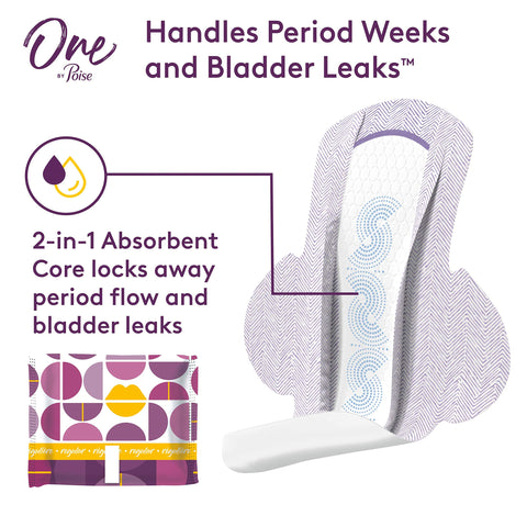 One by Poise Feminine Pads with Wings (2-in-1 Period & Bladder Leakage Pads for Women), Regular, Regular Absorbency for Period F
