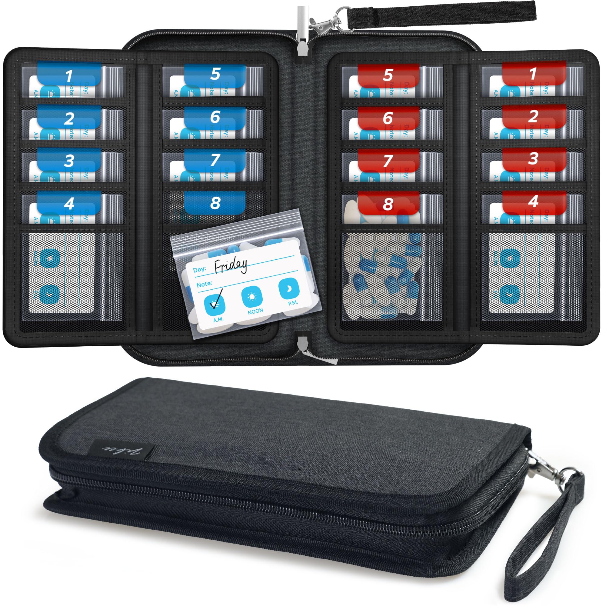 ZIKEE Slim Folding Pill Organizer Bag with 20 Writable BPA-Free Pill Pouches, Travel 22 Slot Pill Box Bag with a Zipper Design f