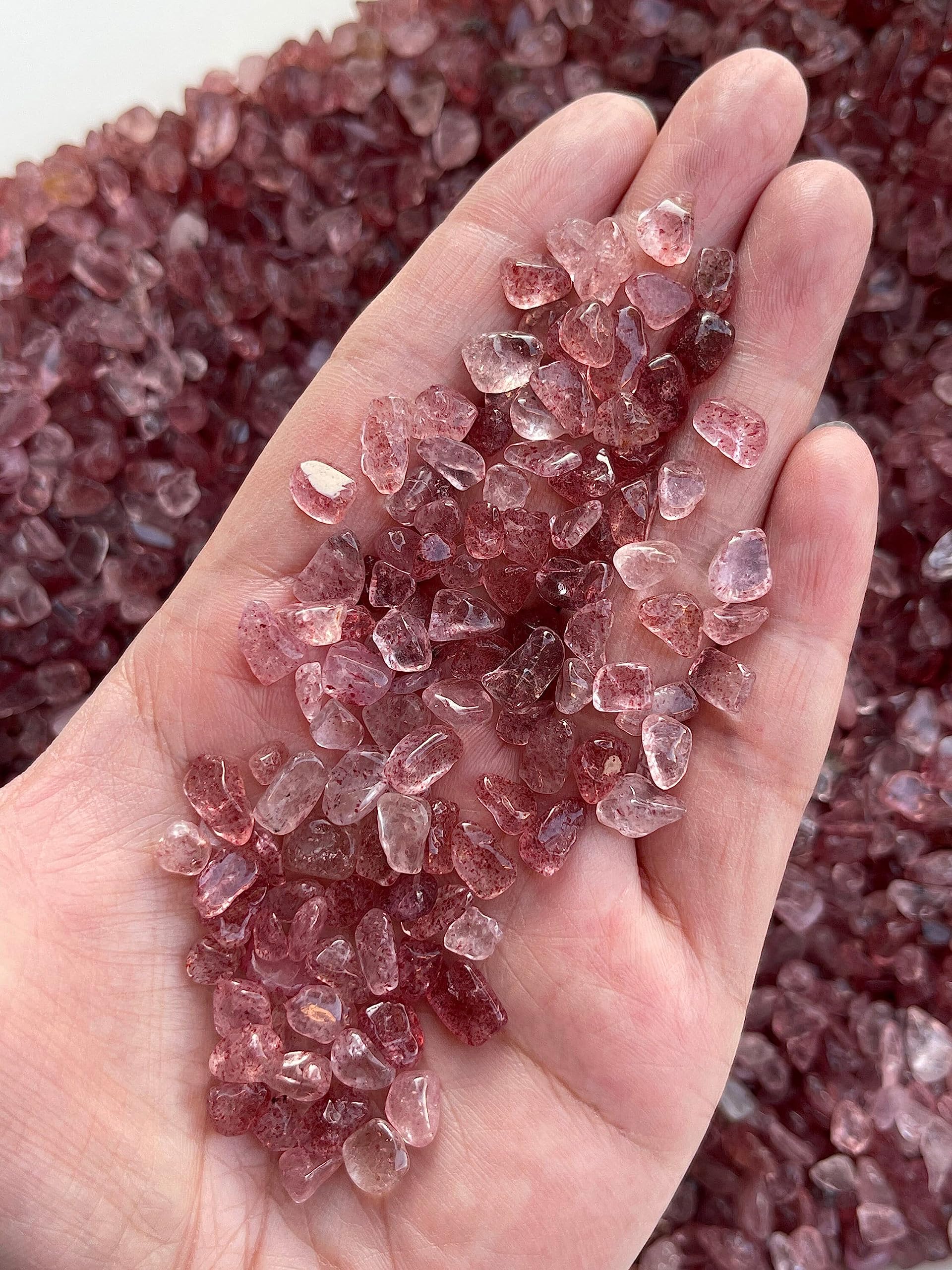 GAF TREASURES 2 oz Lot Natural Semi Tumbled Gemstone Chips, Crushed Mini Crystals, Undrilled Crystal Chips (Strawberry)