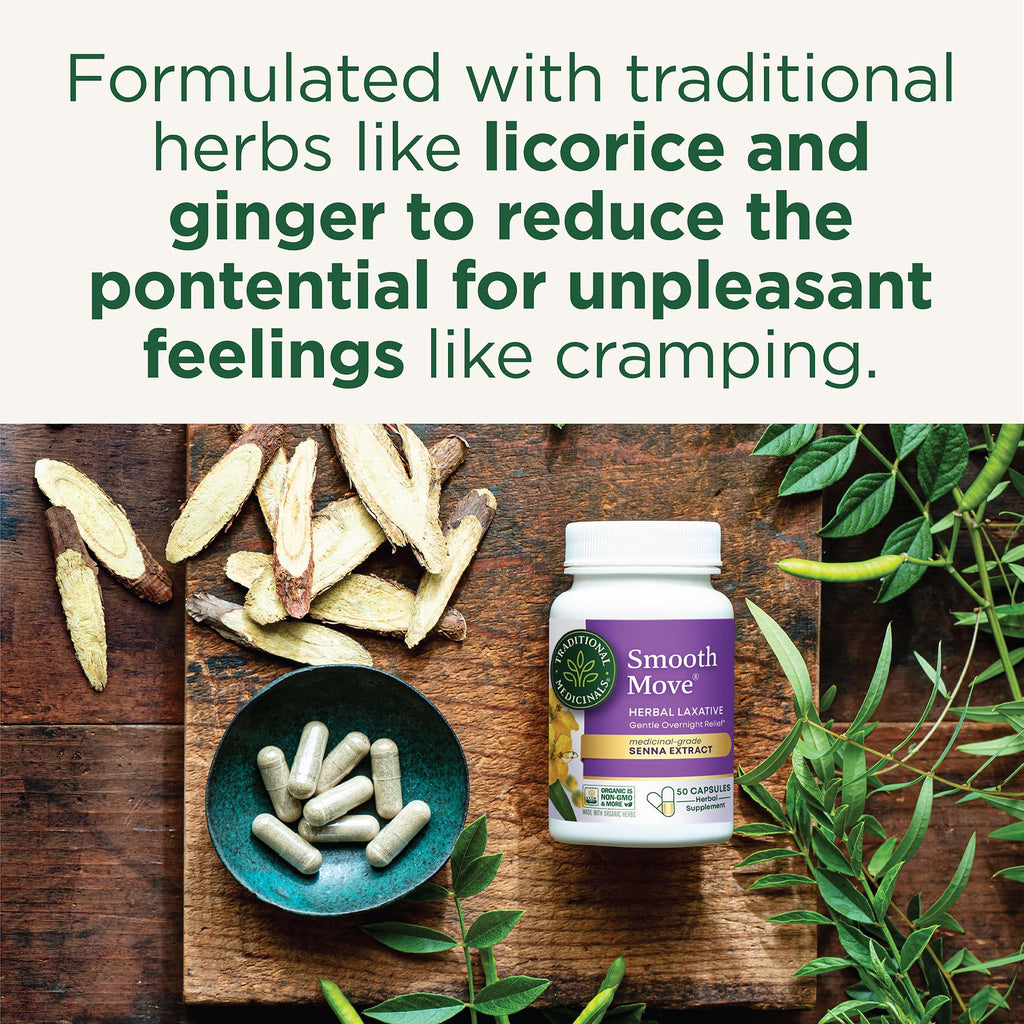 Traditional Medicinals - Smooth Move Laxative Capsules - Contains Organic Senna - Natural Herbal Constipation Relief - 50 Capsul