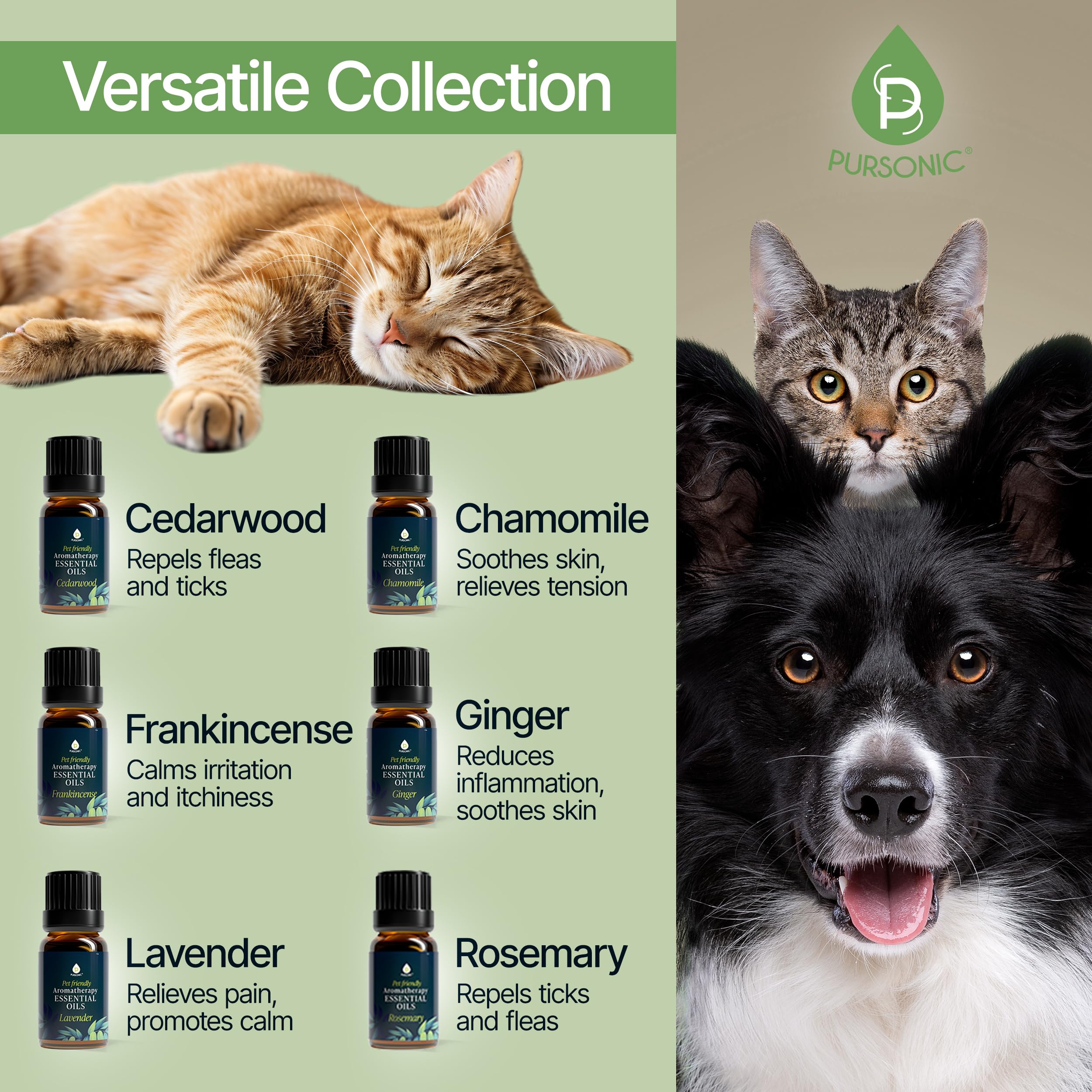 PURSONIC Pet Friendly Aromatherapy Essential Oils Collection, 6-Count - Safe for Dogs and Cats, Natural Relaxation and Stress Re