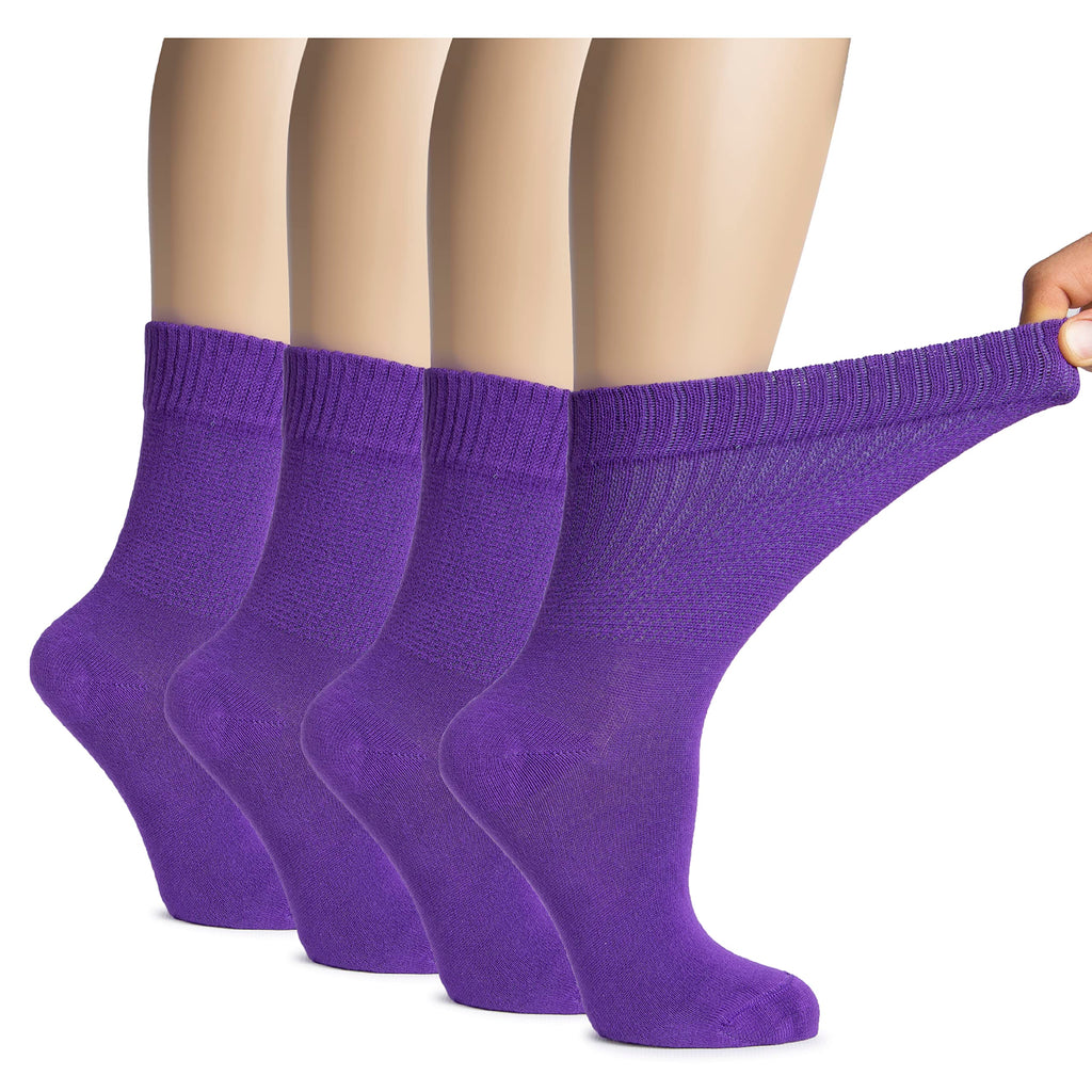 Hugh Ugoli Women's Rayon derived from Bamboo Diabetic Crew Socks, Thin, Loose Fit, Soft, Wide Stretchy, Seamless Toe, 4 Pairs, P