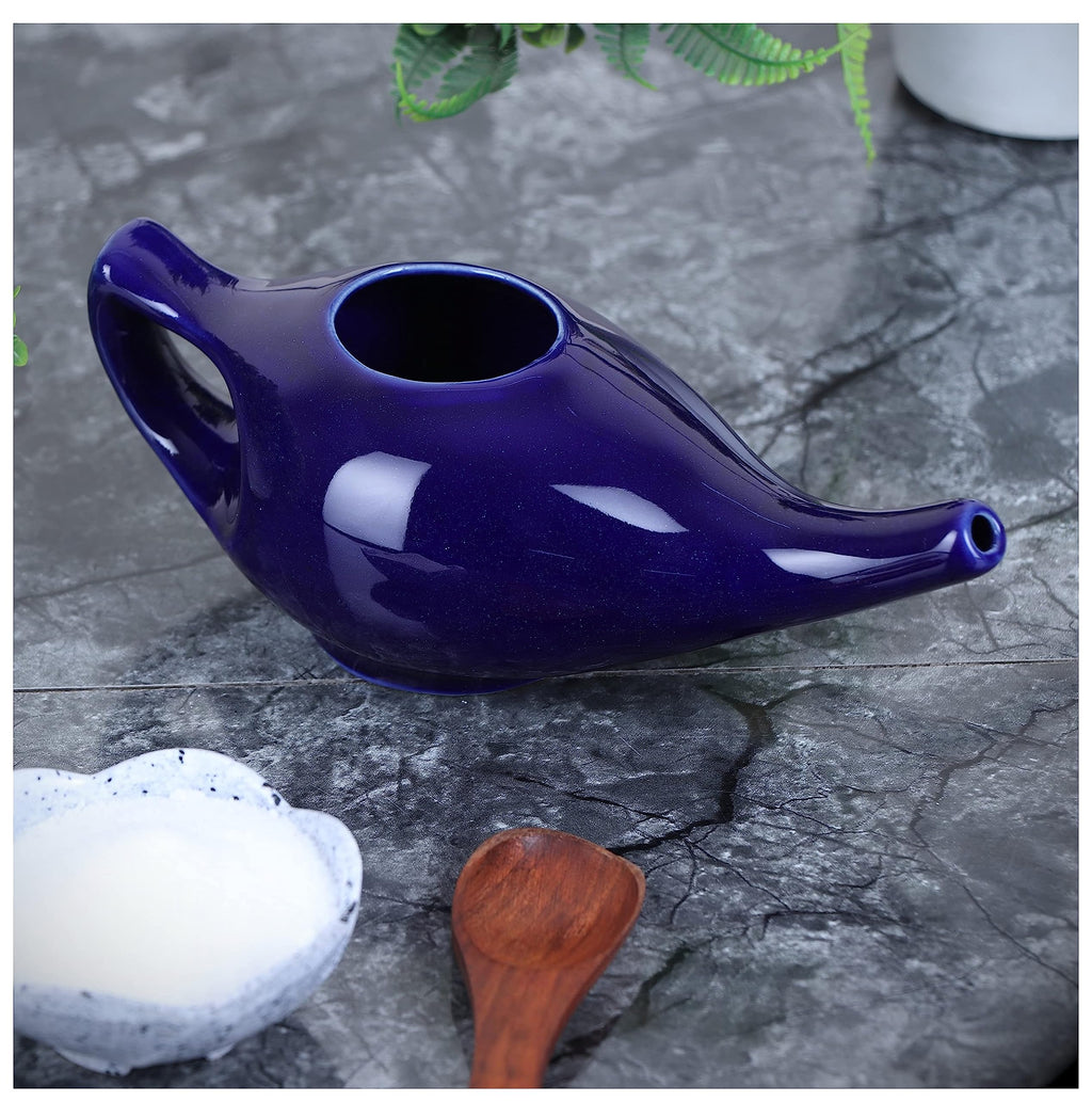 Qimacplus Leak Proof Durable Porcelain Ceramic Neti Pot Hold 230 Ml Water Comfortable Grip with 10 Sachet Neti Salt | Eco Friend