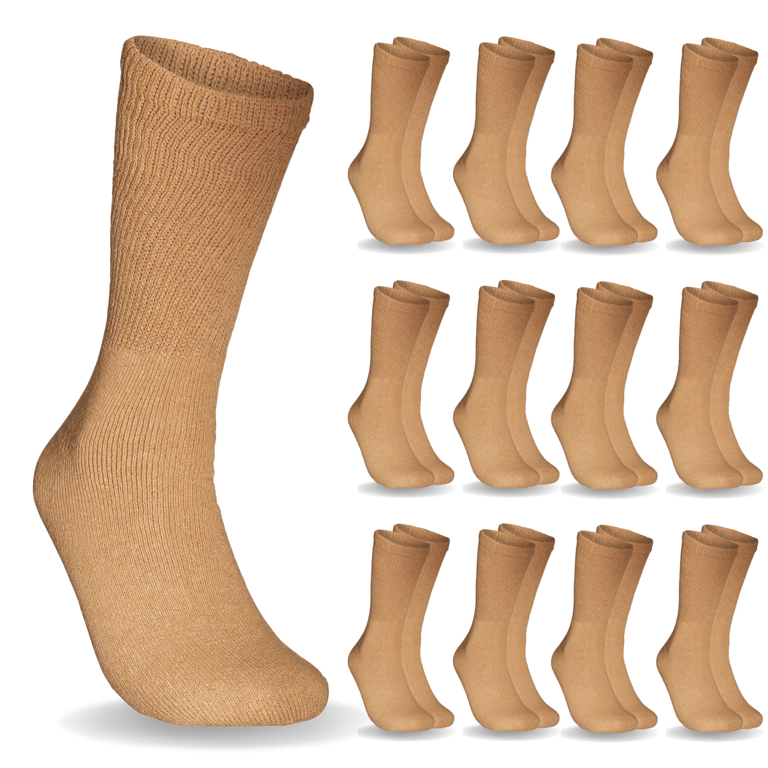 Special Essentials 12 Pairs Cotton Diabetic Socks for Men & Women - Non-Binding Extra Wide Top Neuropathy Socks - Crew Socks Kha