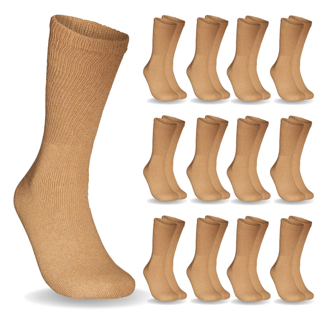 Special Essentials 12 Pairs Cotton Diabetic Socks for Men & Women - Non-Binding Extra Wide Top Neuropathy Socks - Crew Socks Kha