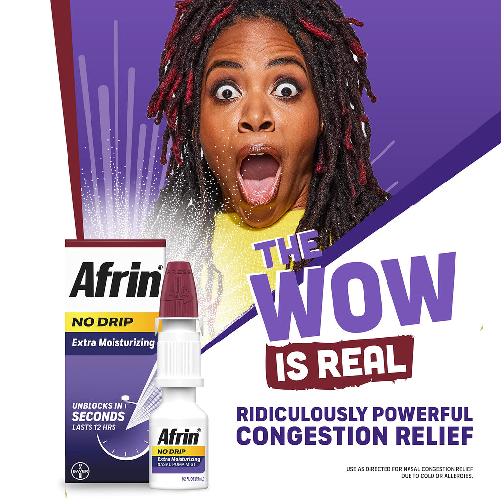 Afrin No Drip Extra Moisturizing 12 Hour Nasal Congestion Relief Pump Mist, Sinus Spray Decongestant - 15 mL