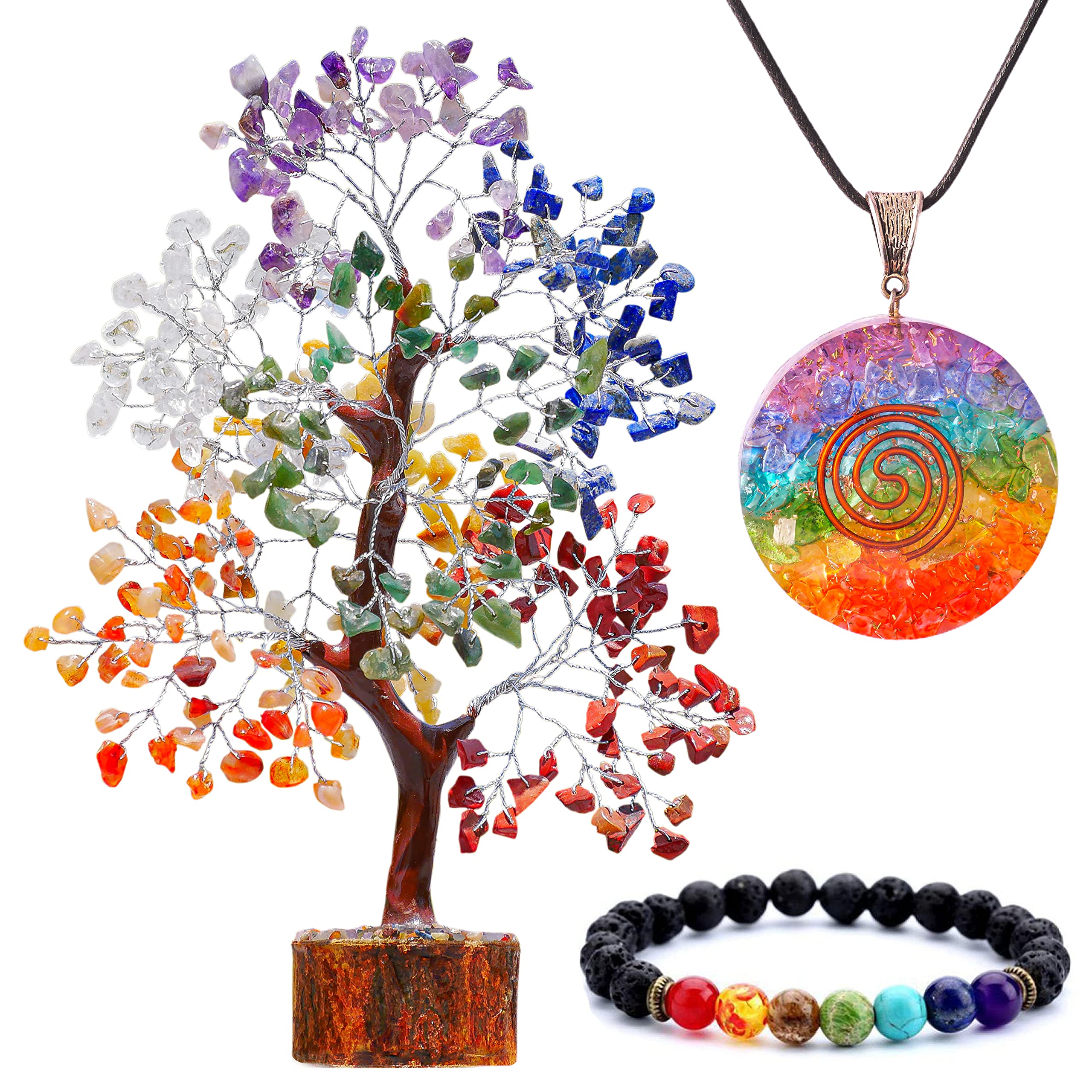 YUVDIPR 7 Chakra Money Tree Healing Feng Shui Statues & Figurines Reiki Crystal Balancing Buddha Home D  cor (SC-S + Bracelet)
