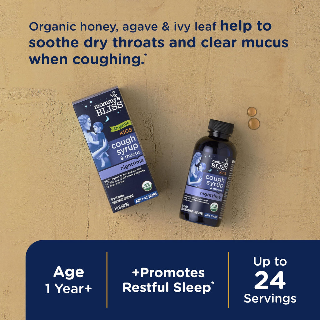 Mommys Bliss Organic Kids Cough Syrup & Mucus Relief for Night Time, Agave & Honey, Ivy Leaf, Zinc, Vitamin C, +Herbal Nighttim
