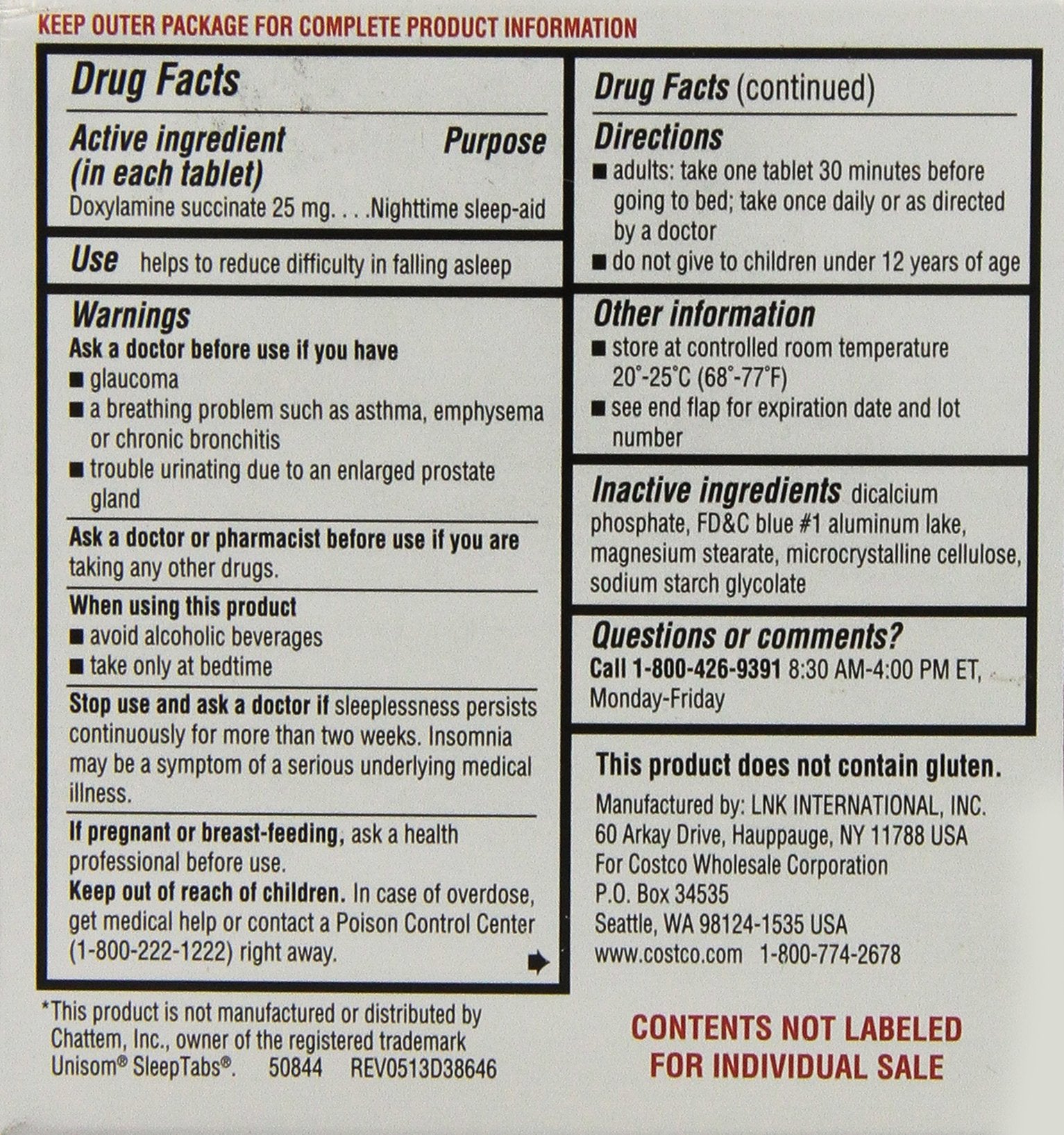Kirkland Signature Nighttime Sleep Aid (Doxylamine Succinate 25 mg), 192 Tablets