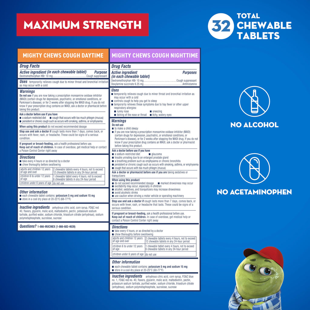 Mucinex Childrens Mighty Chews Kids Cough Medicine Daytime and Nighttime Value Pack, Easy to Dose Cough Suppressant for Kids wi