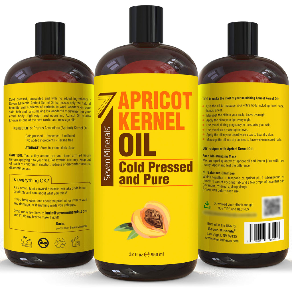 Seven Minerals Pure Cold Pressed Apricot Kernel Oil - Big 32 fl oz Bottle - Non-GMO, Hexane Free, Natural & Lightweight Moisturi