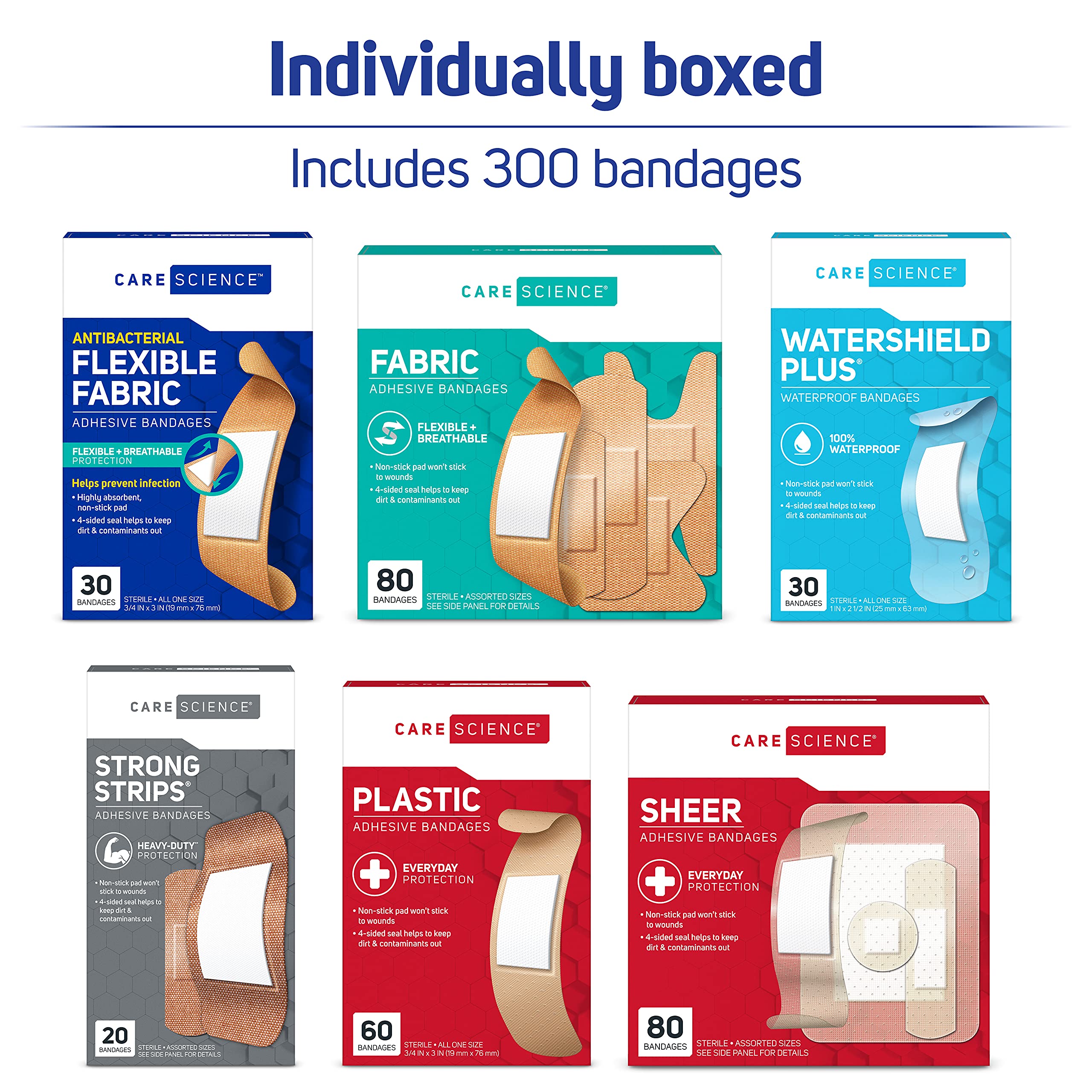 Care Science Variety Bandages Pack, 300 ct Bulk Assorted Sizes | FSA HSA Eligible | Includes Active, All-Purpose, Waterproof, He
