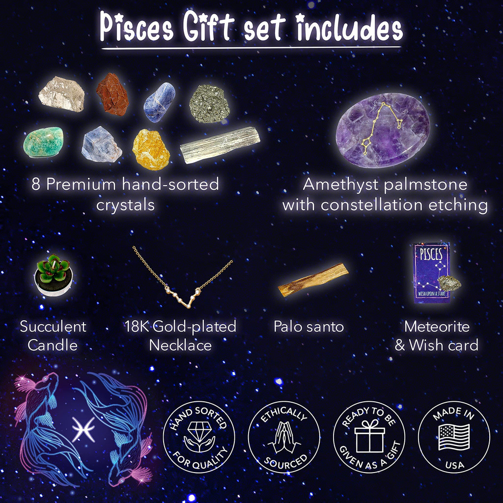 DANCING BEAR Pisces Zodiac Healing Crystals Gift Set, (14 Pc) Made in The USA